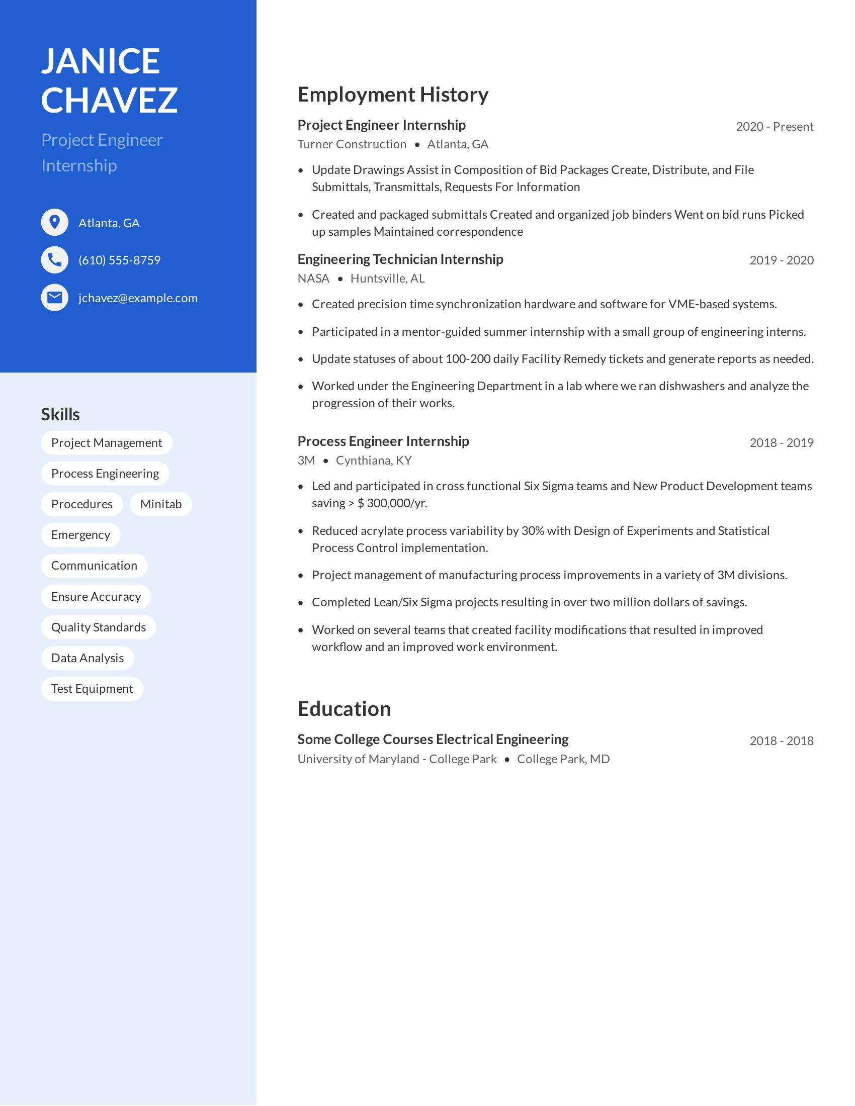 Project Engineer Internship resume example