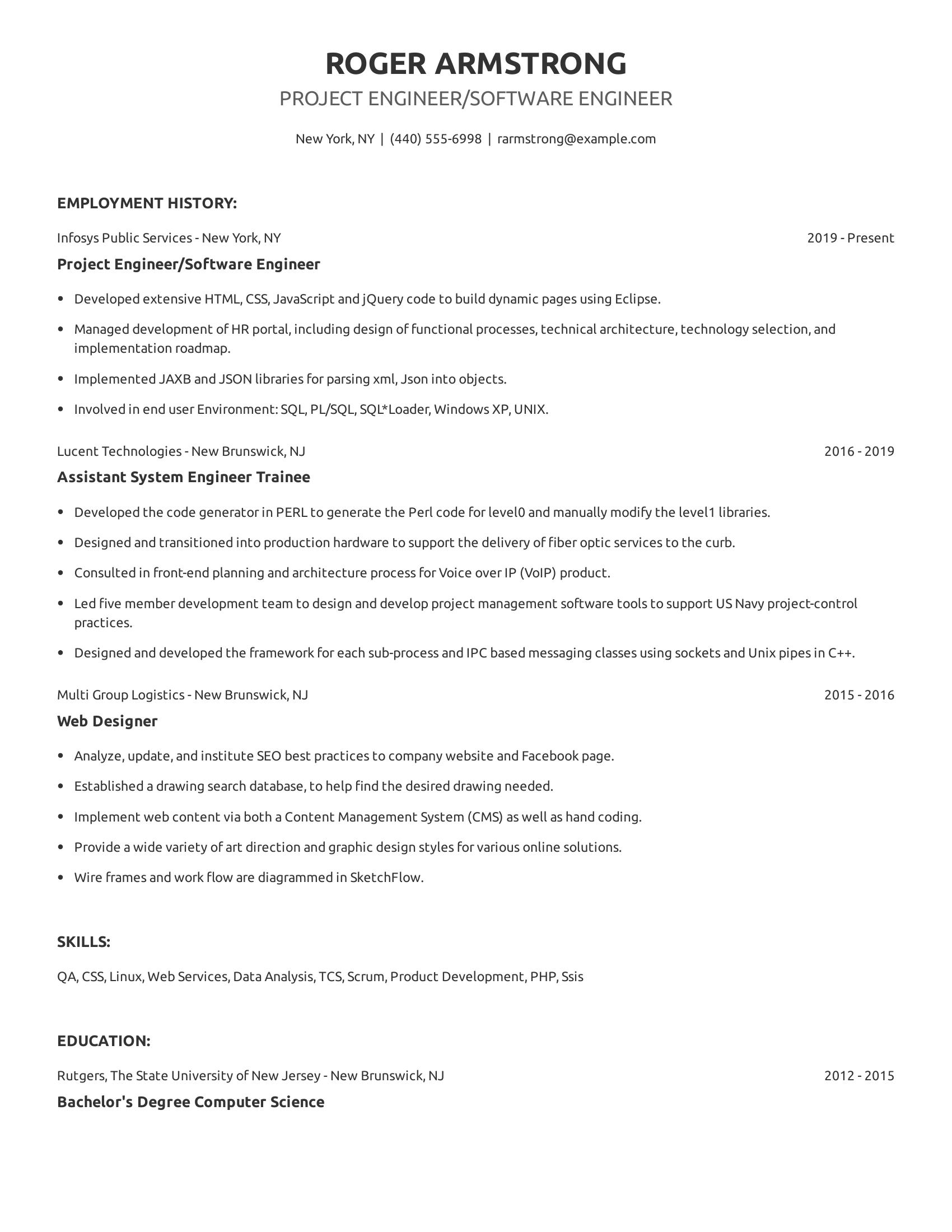 Project Engineer/Software Engineer resume example