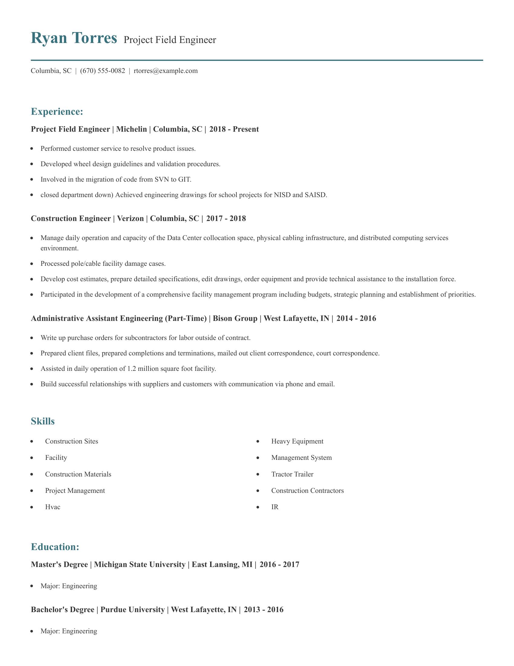 Project Field Engineer resume example