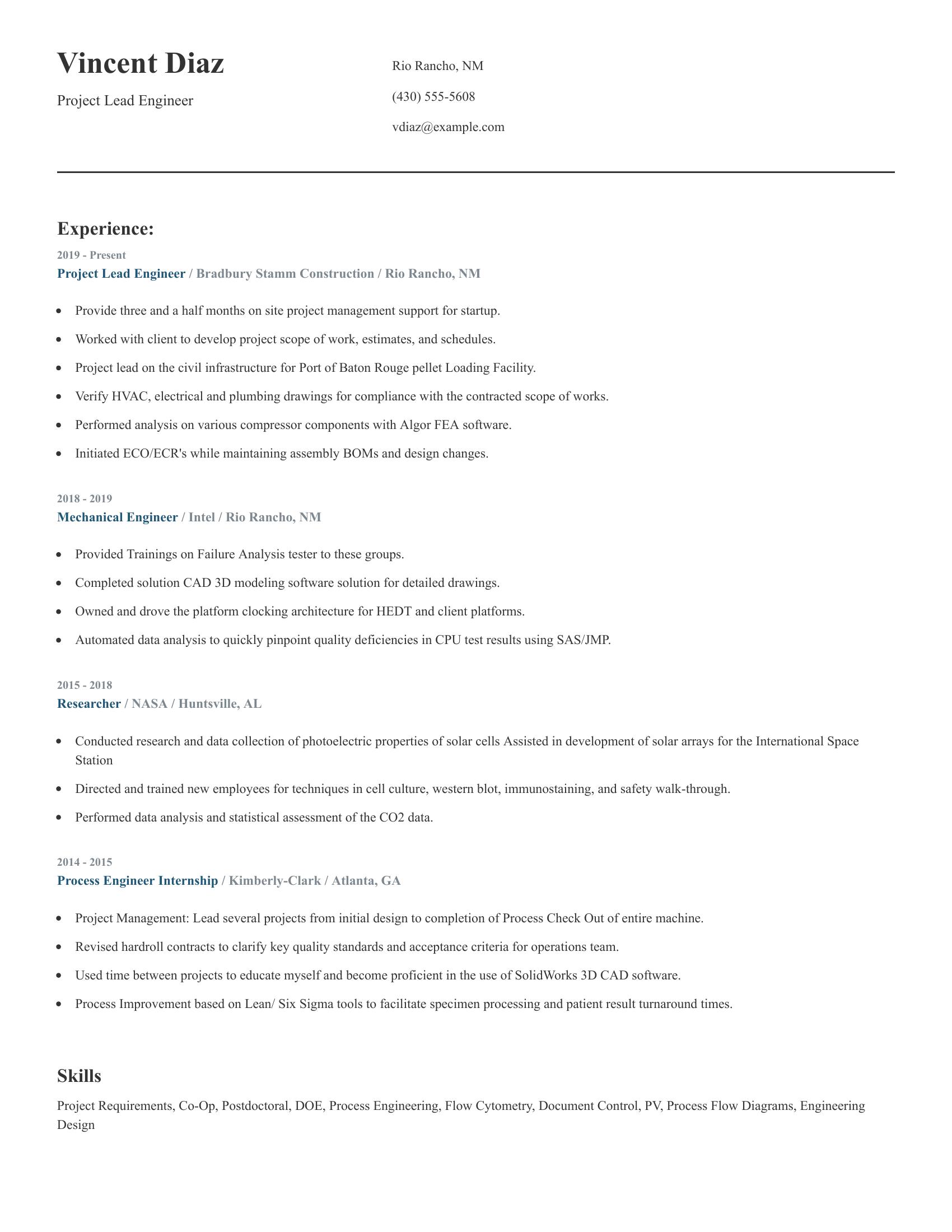 Project Lead Engineer resume example