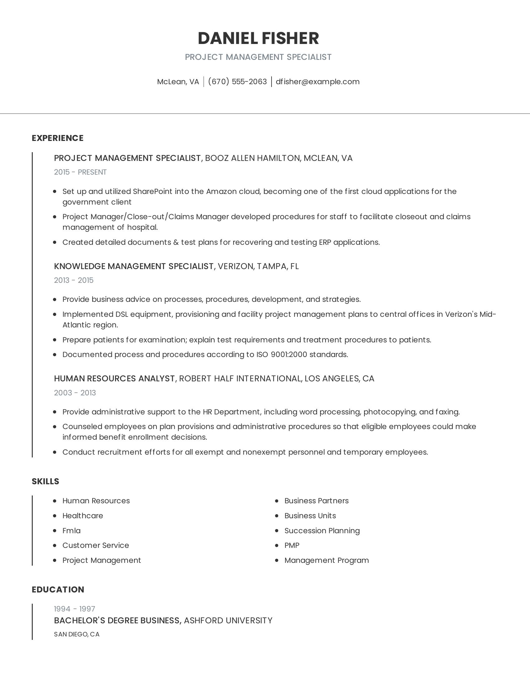 Project Management Specialist resume example