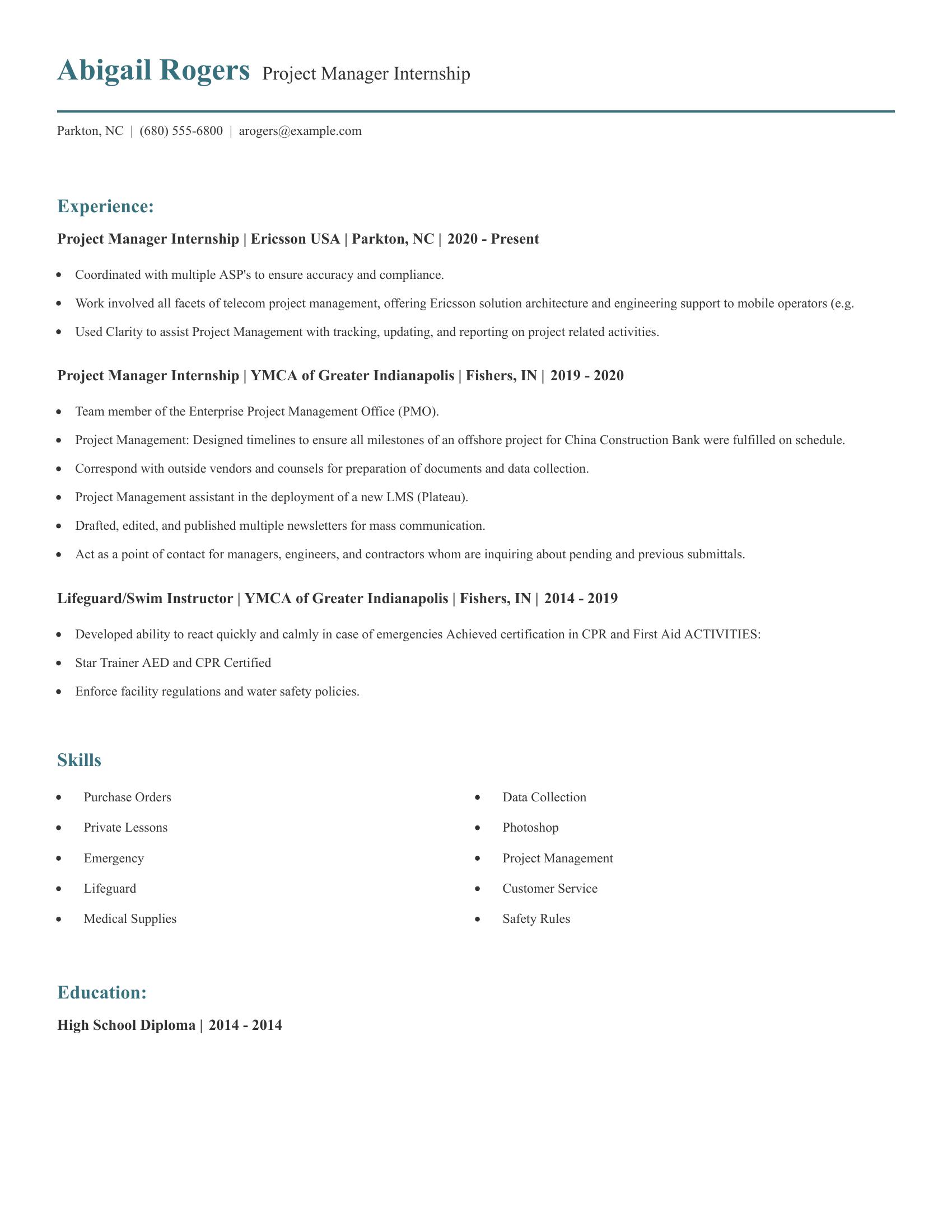 Project Manager Internship resume example