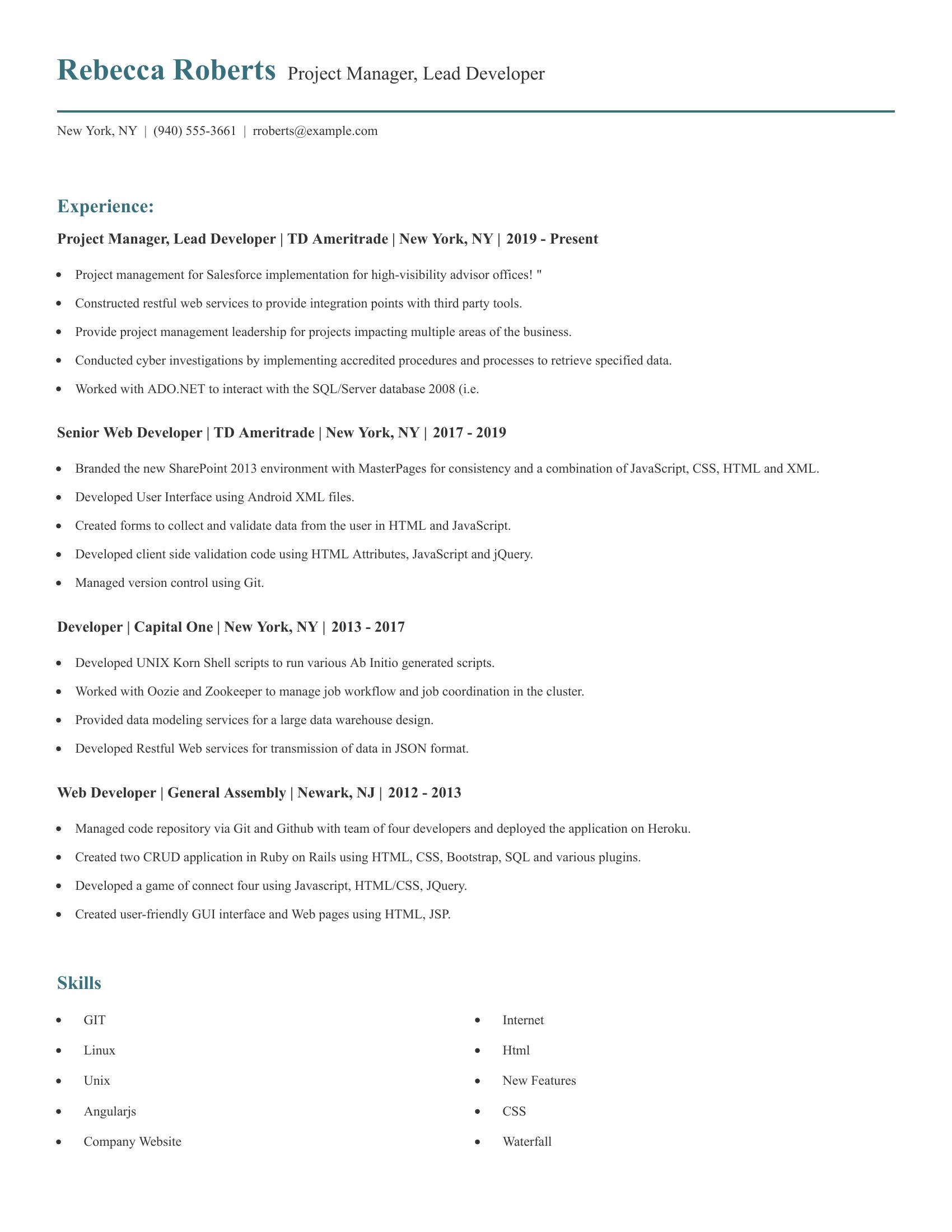 Project Manager, Lead Developer resume example