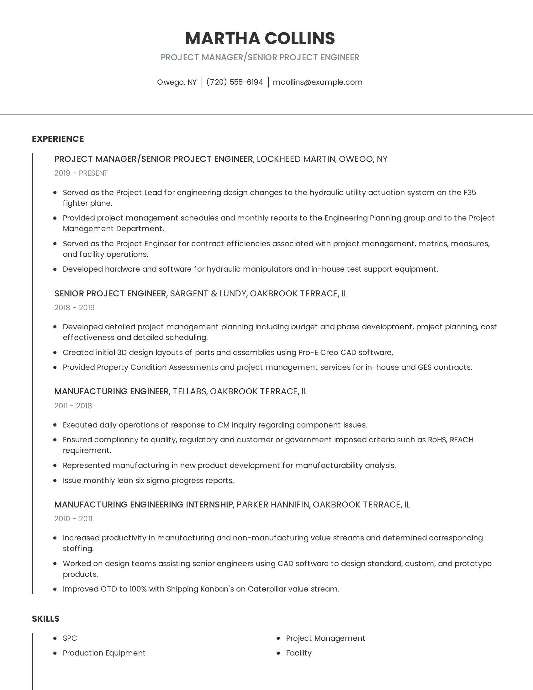 Project Manager/Senior Project Engineer resume example