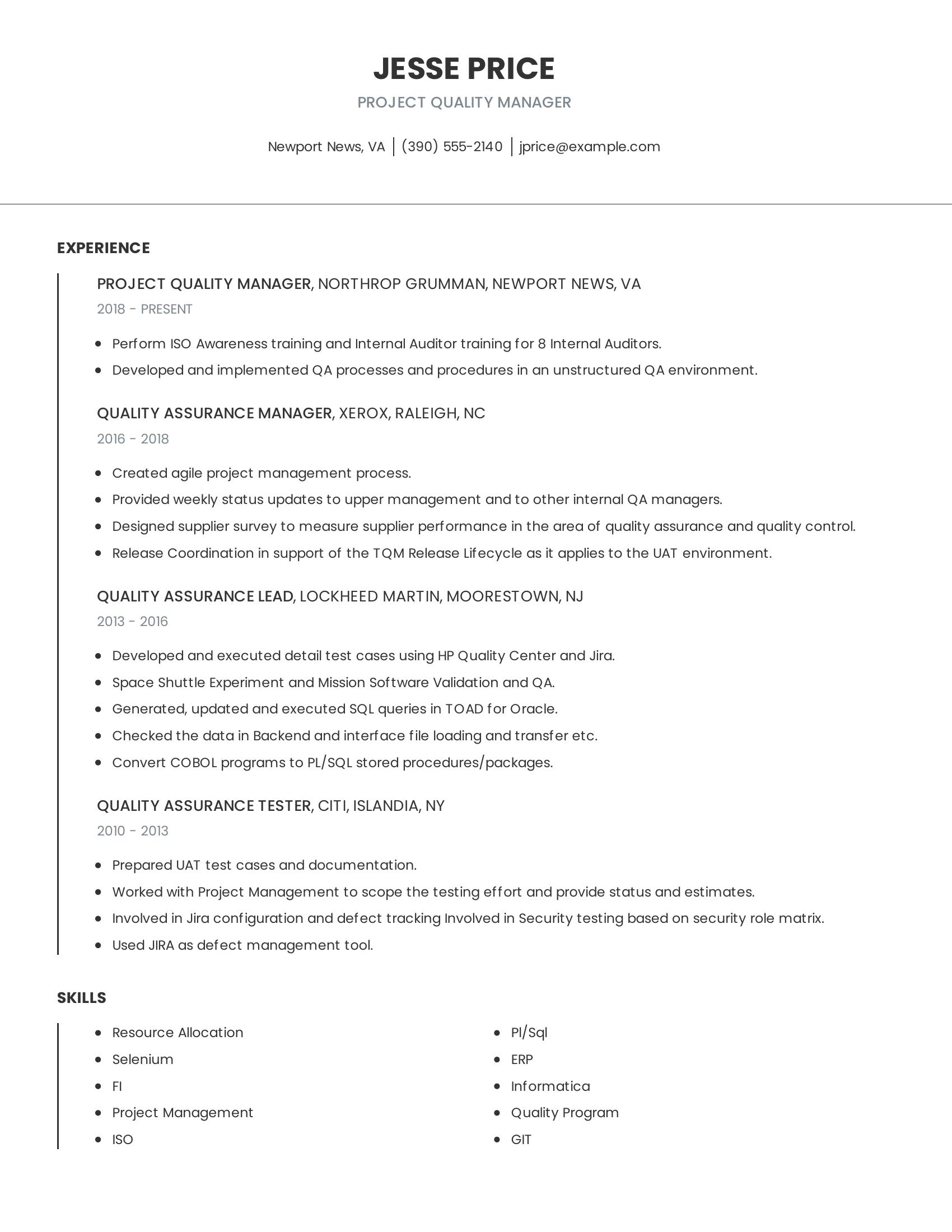 Project Quality Manager resume example