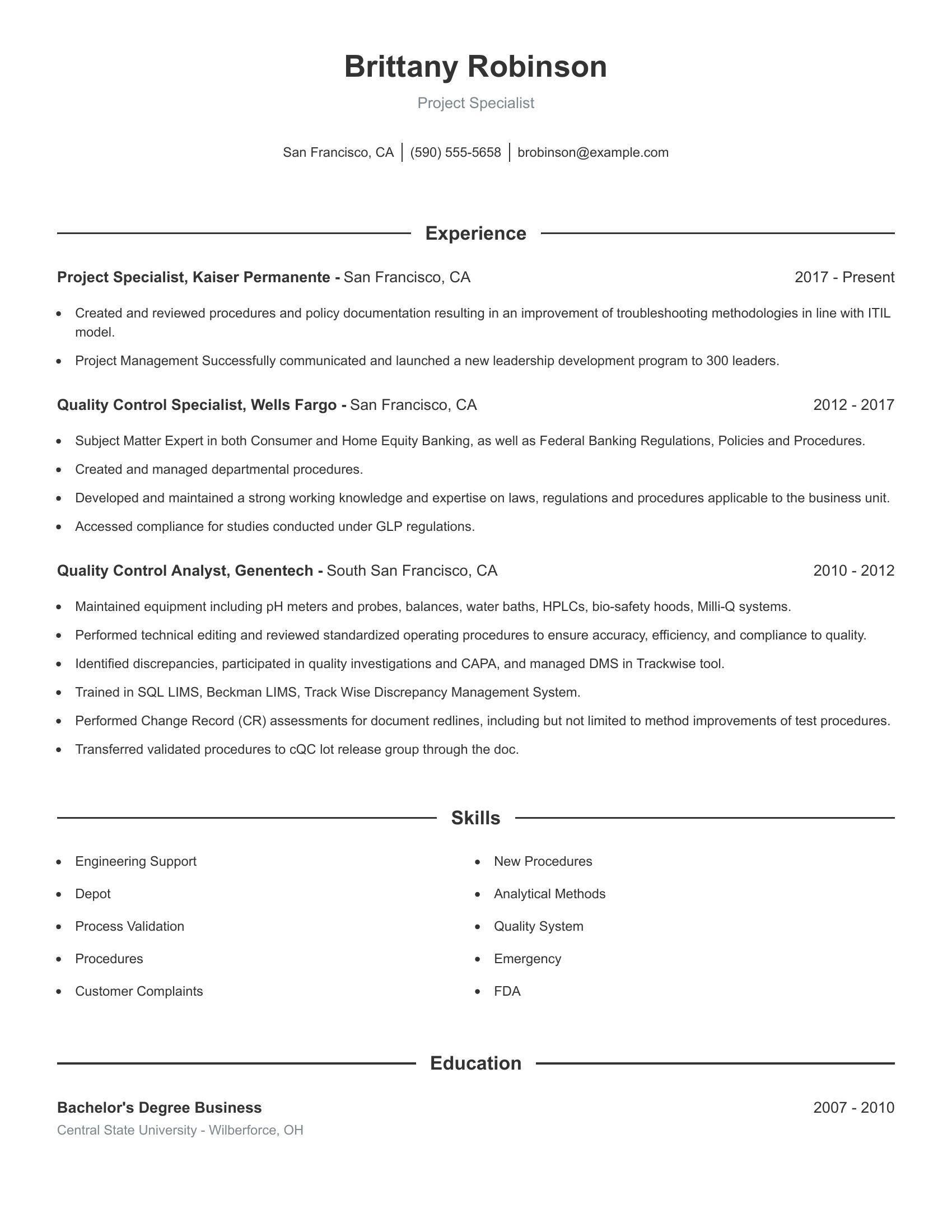 Project Specialist resume example