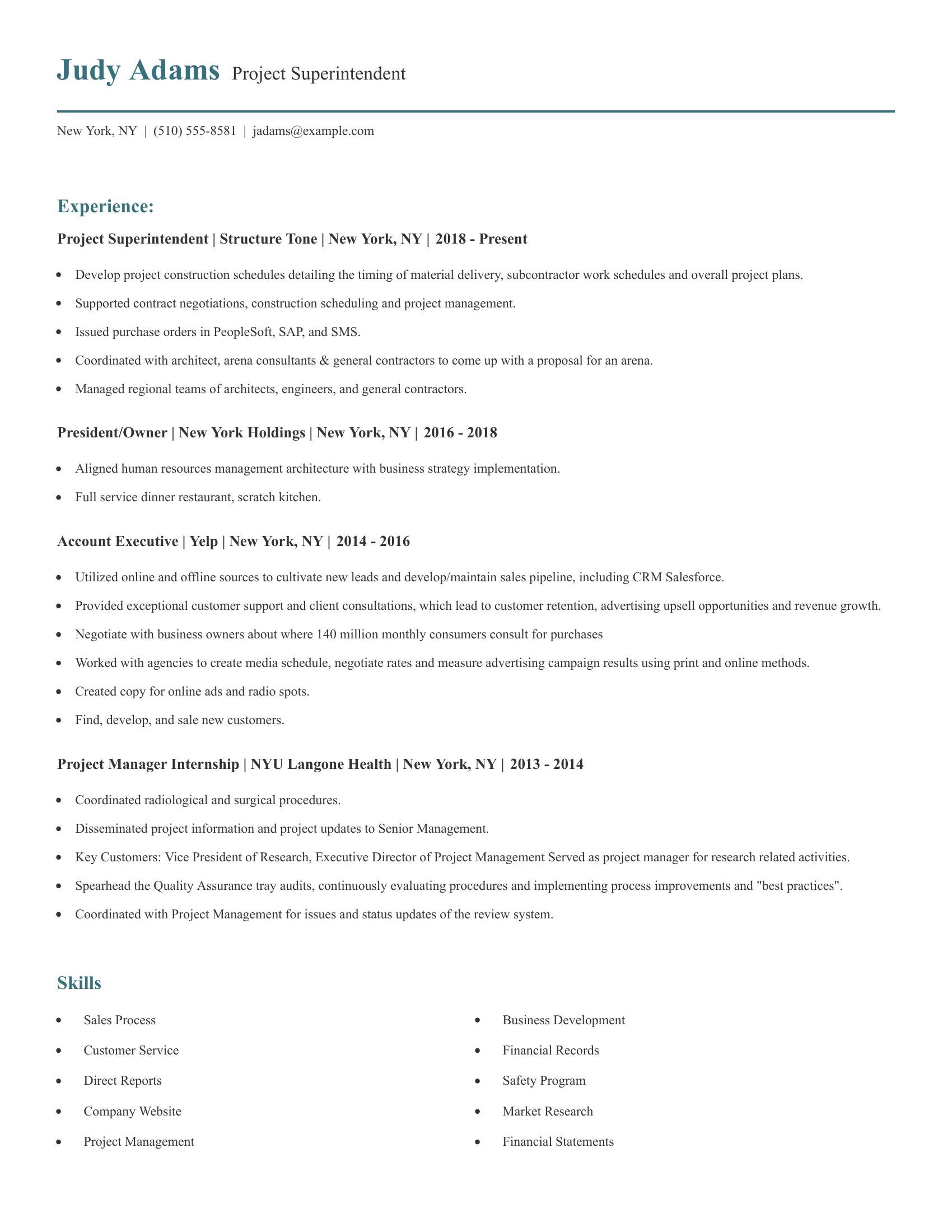 Project Superintendent resume example