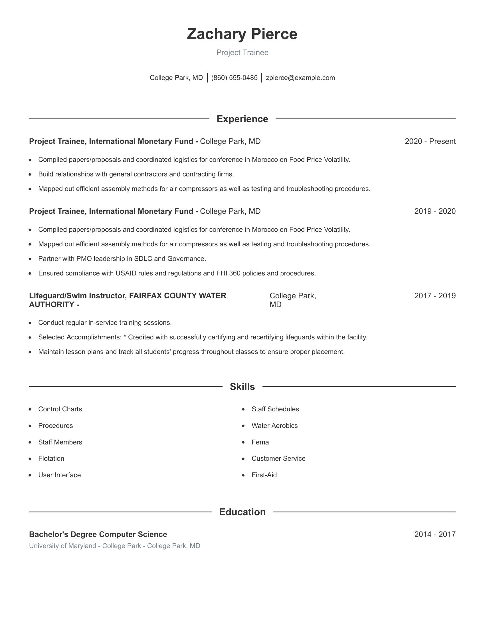 Project Trainee resume example