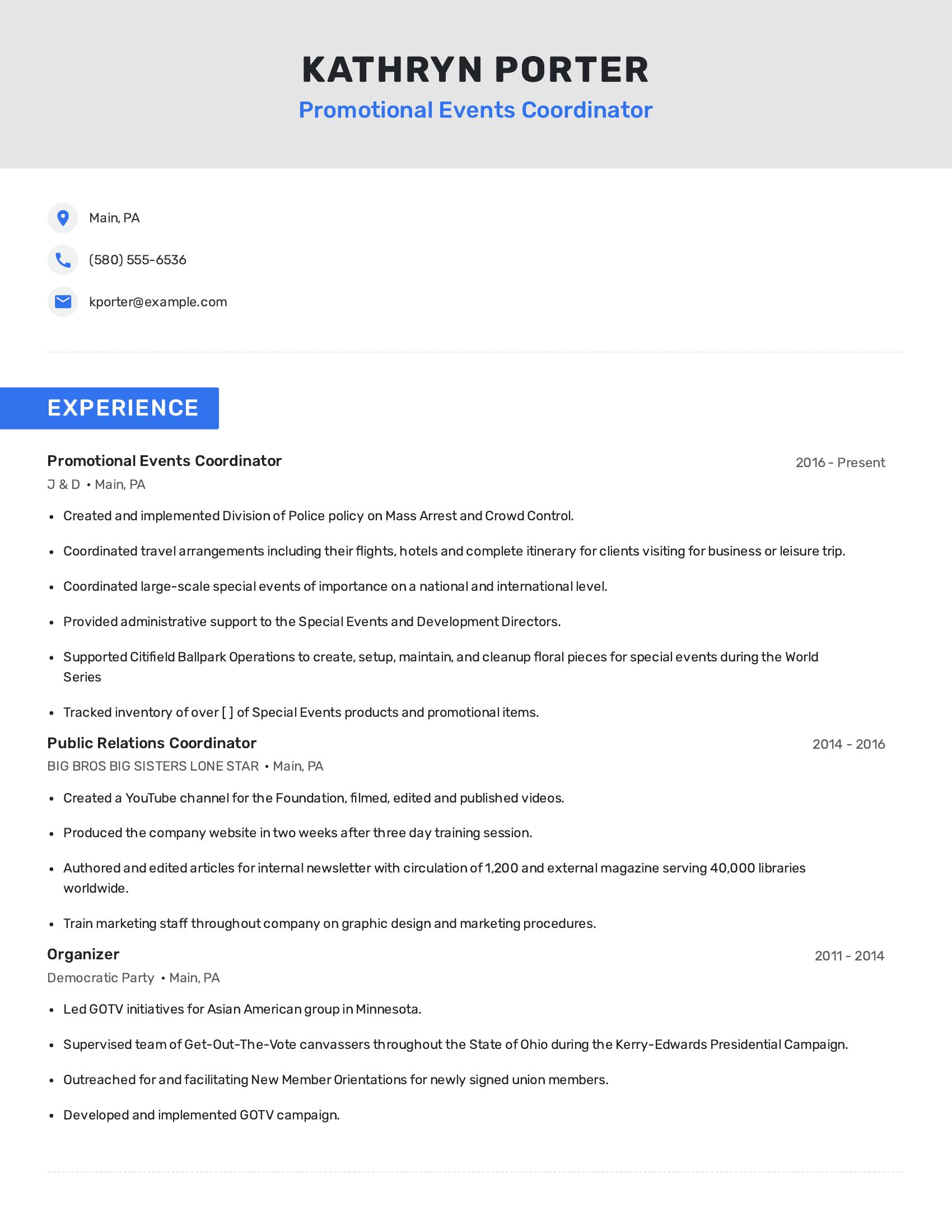 Promotional Events Coordinator resume example