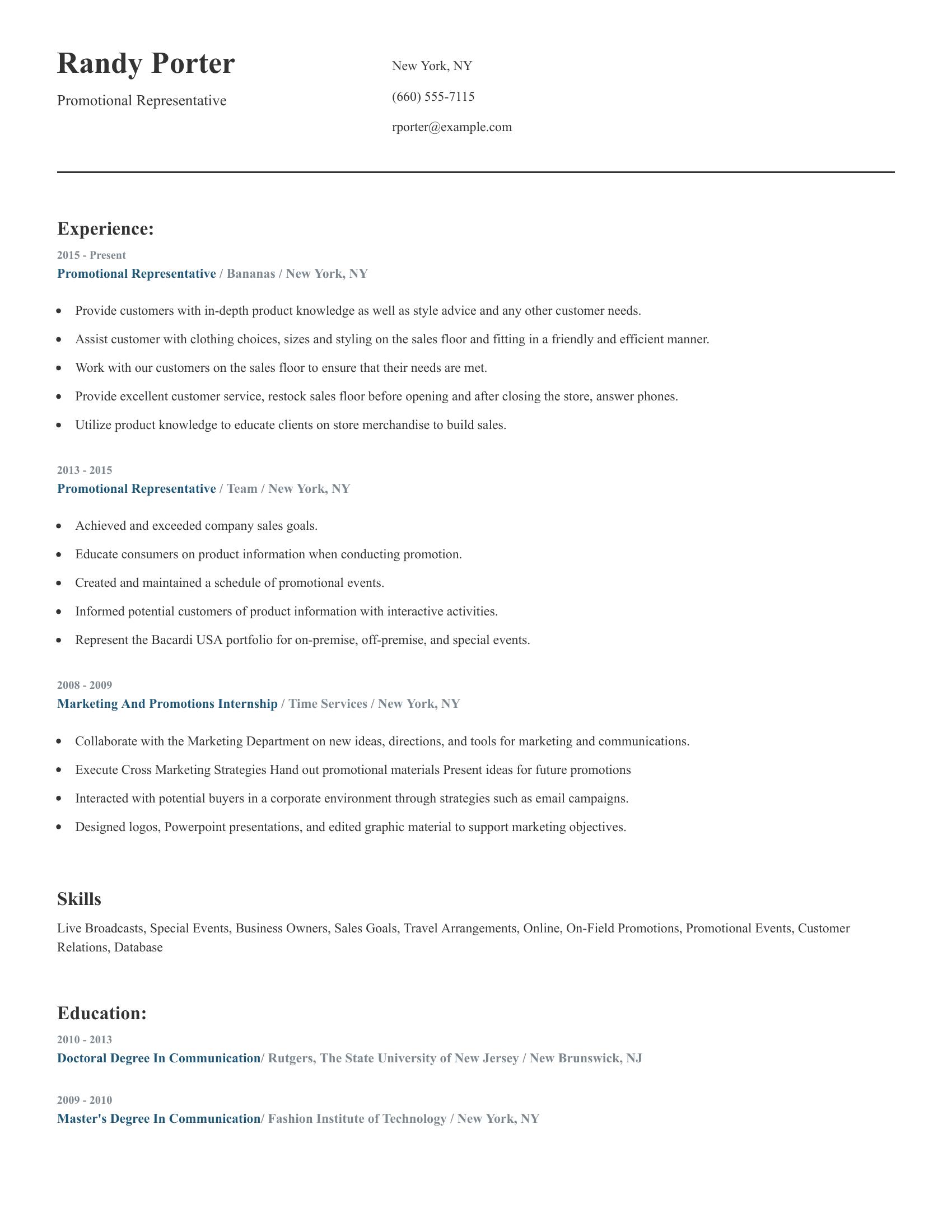 Promotional Representative resume example