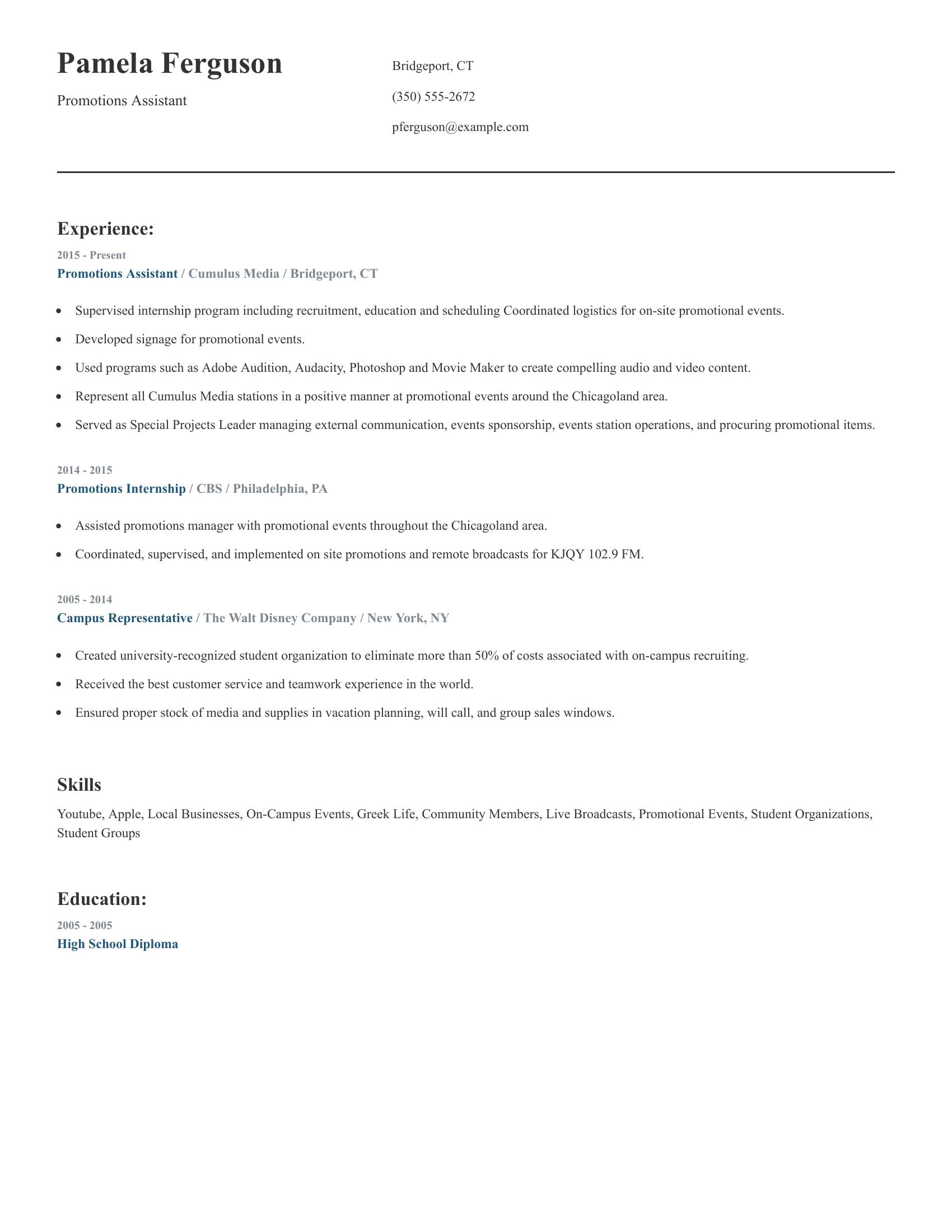 Promotions Assistant resume example