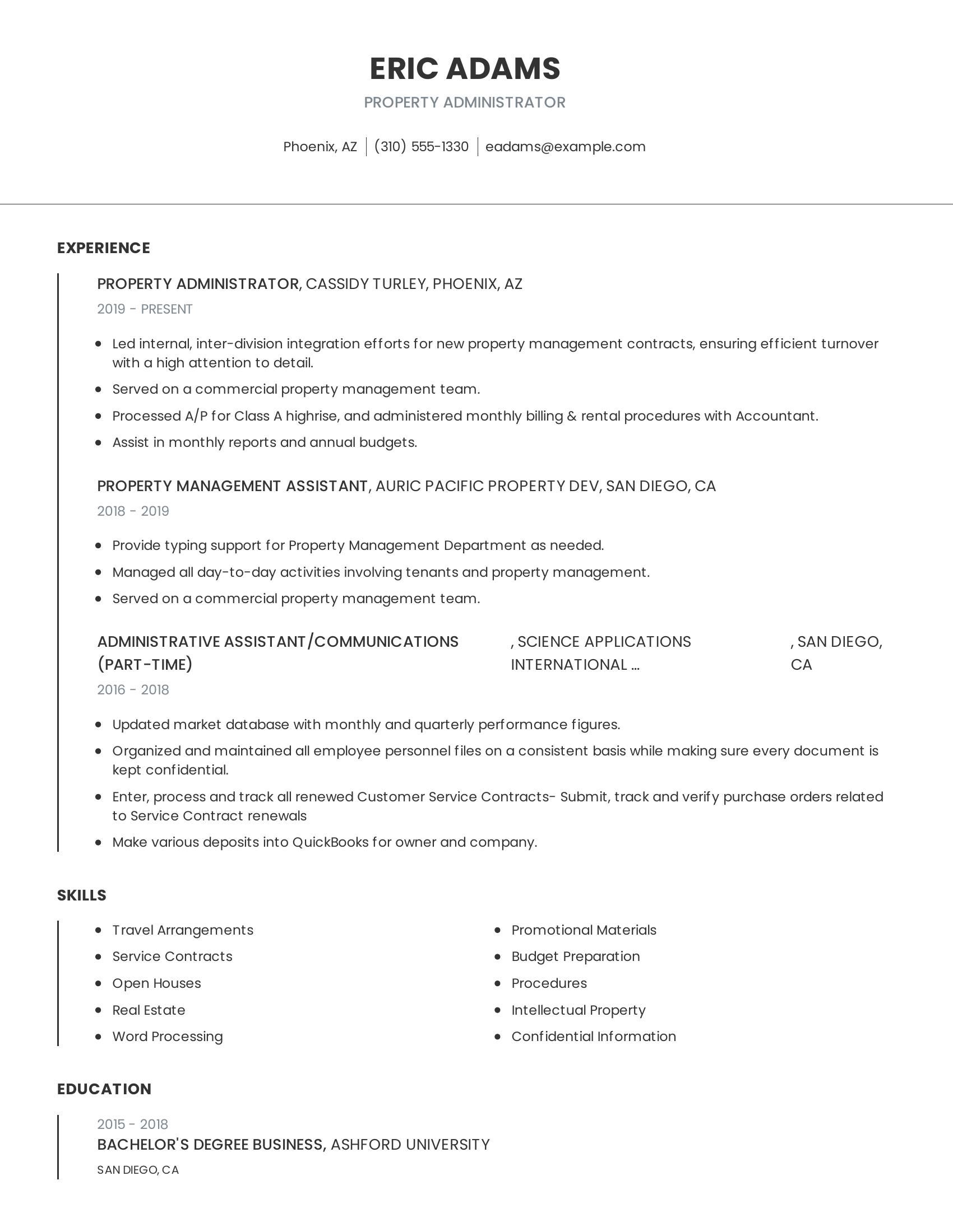 Property Administrator resume example