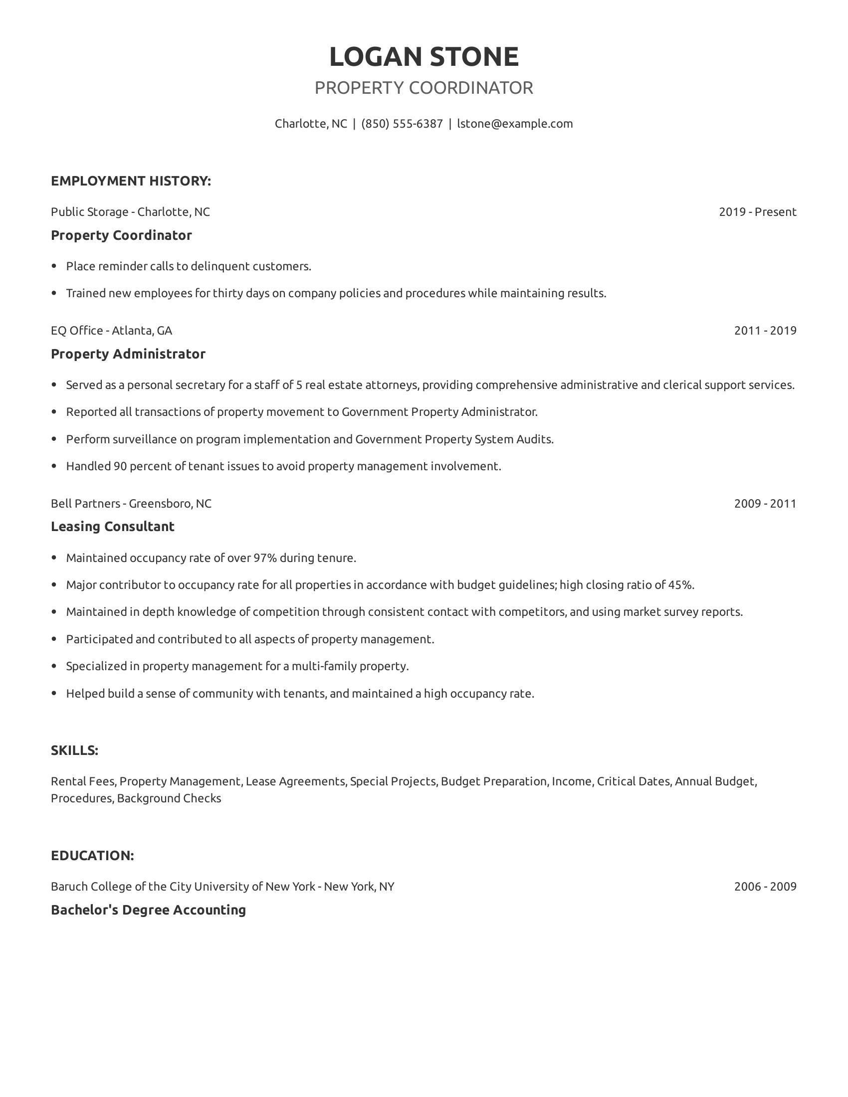 Property Coordinator resume example