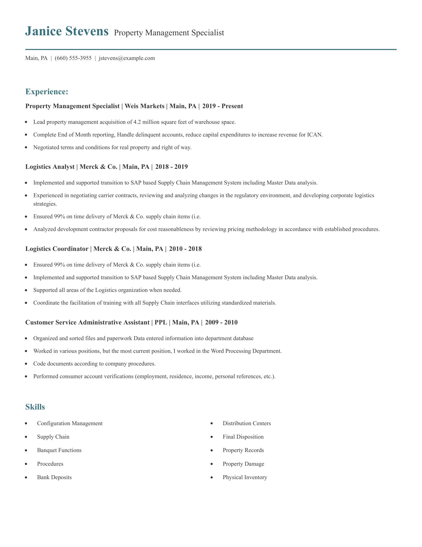 Property Management Specialist resume example