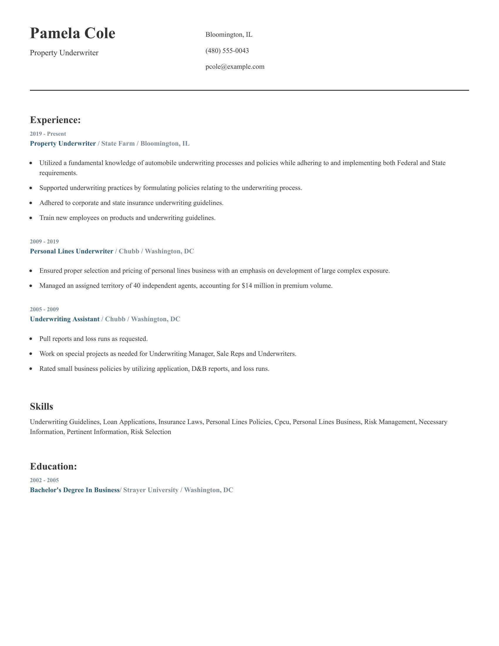 Property Underwriter resume example