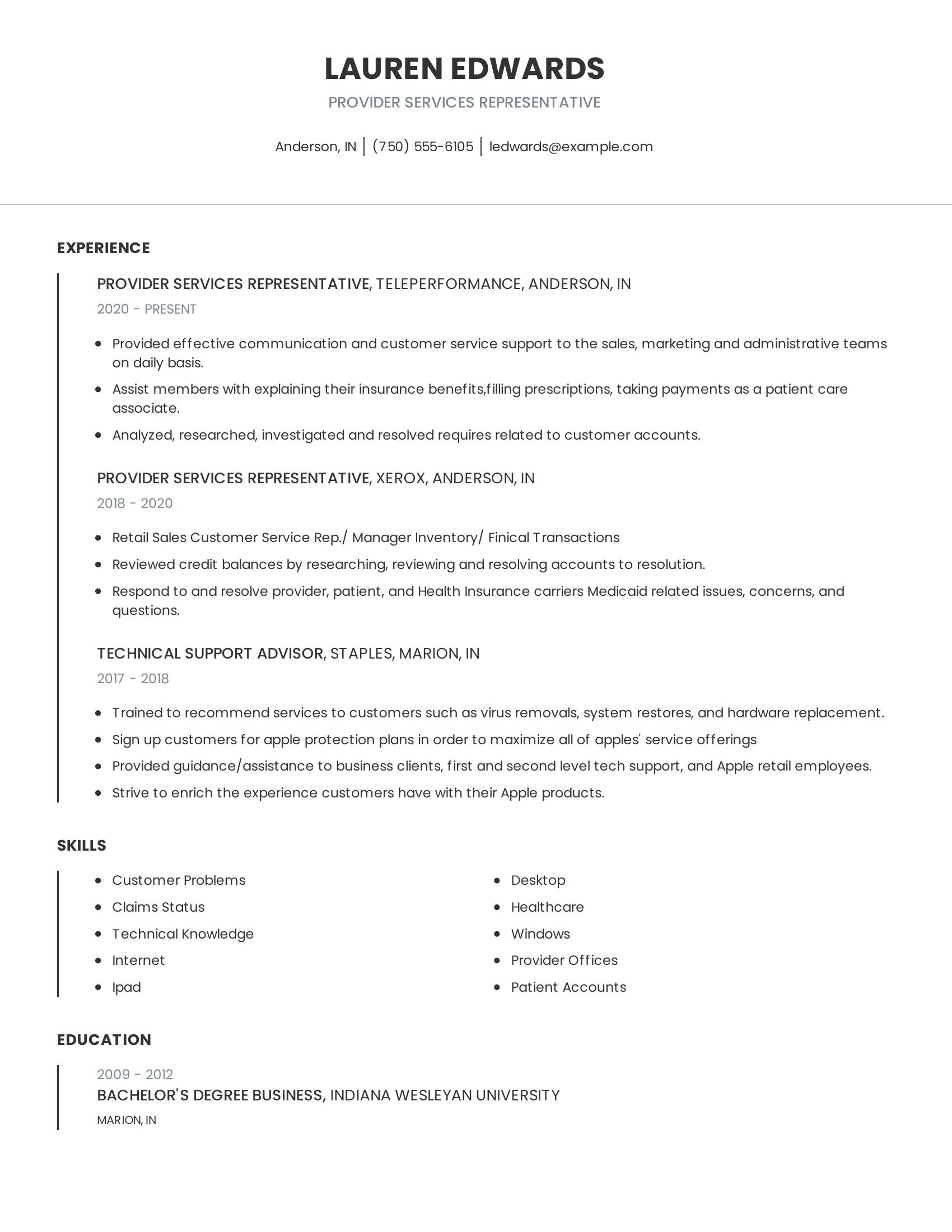 Provider Services Representative resume example