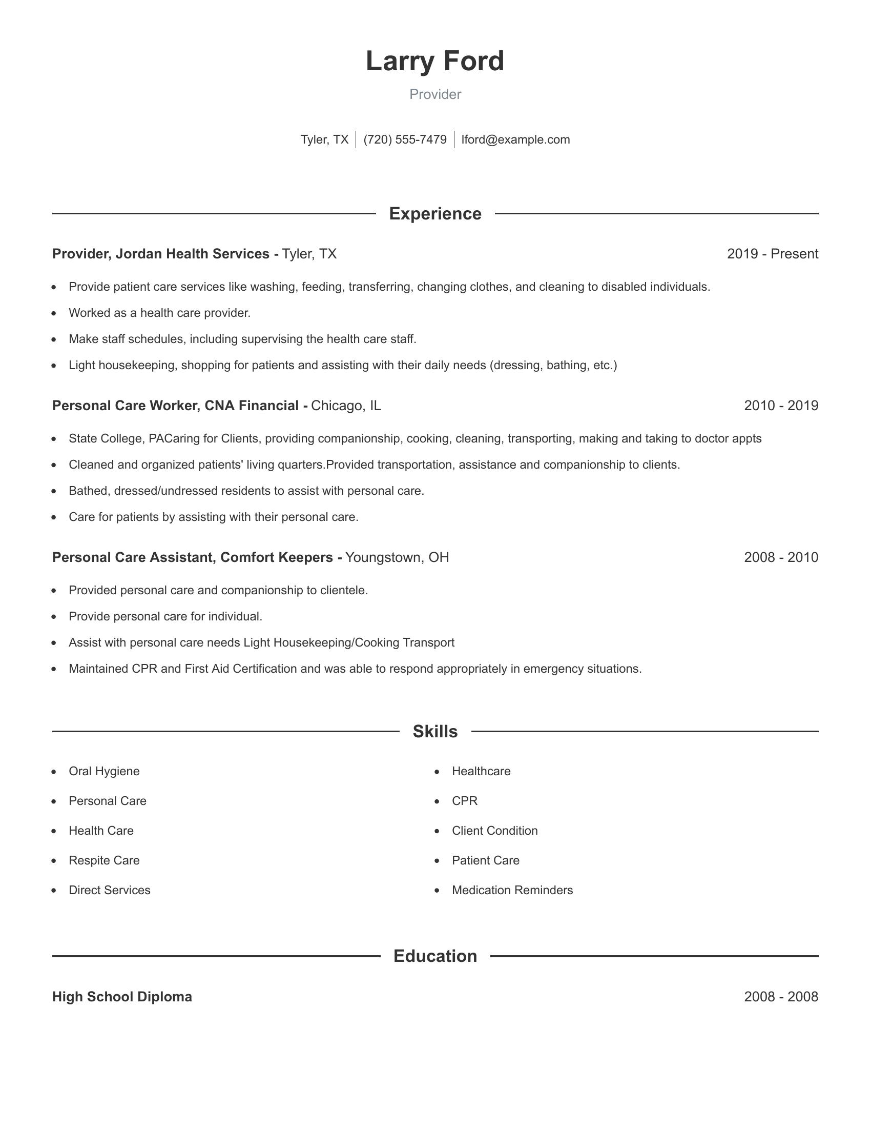 Provider resume example