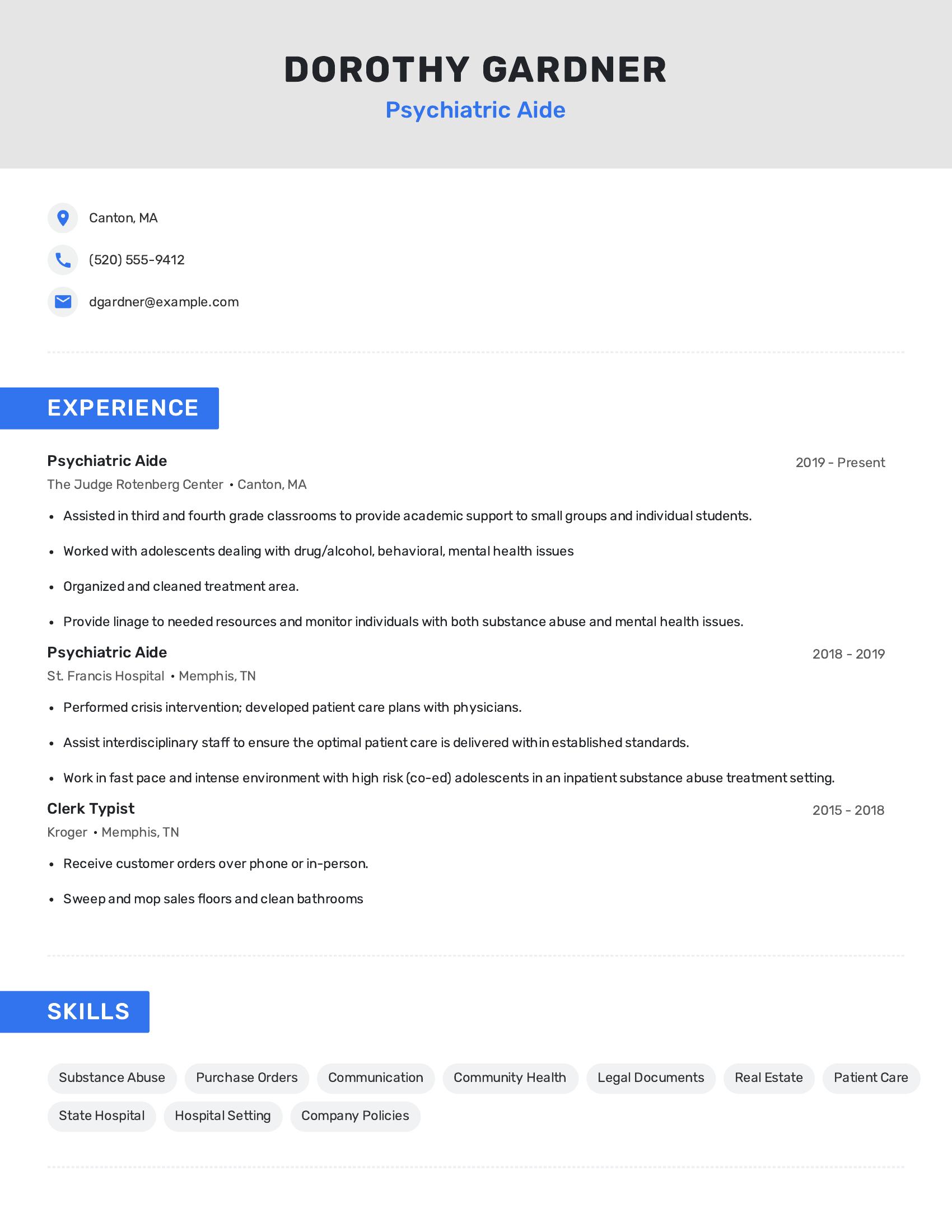 Psychiatric Aide resume example