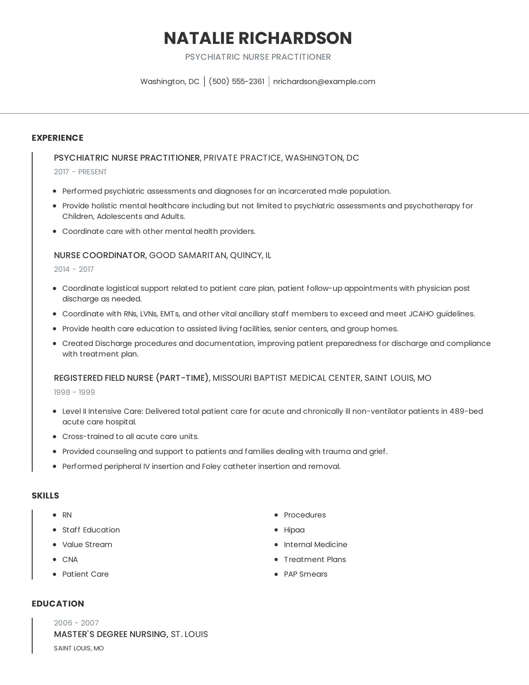 Psychiatric Nurse Practitioner resume example