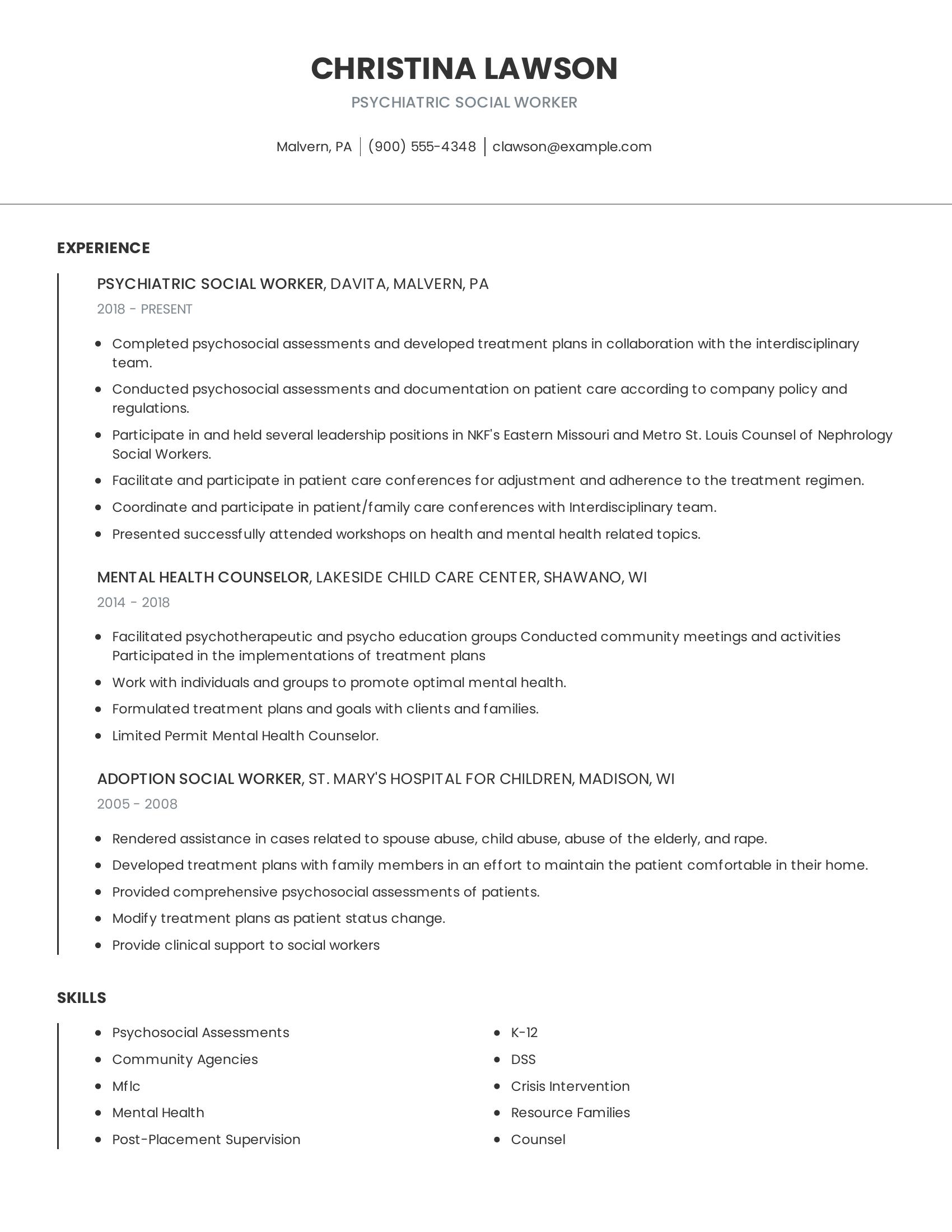 Psychiatric Social Worker resume example