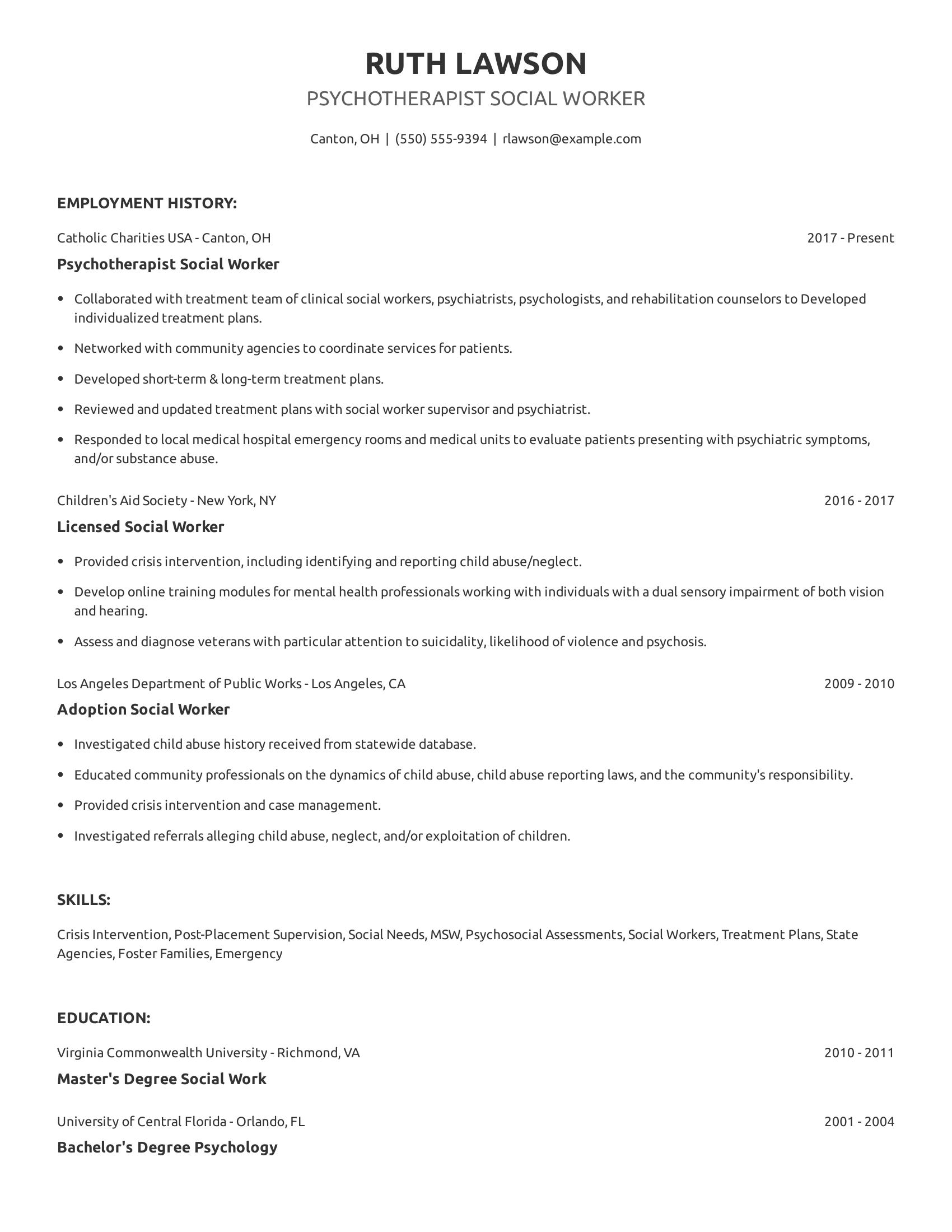 Psychotherapist Social Worker resume example