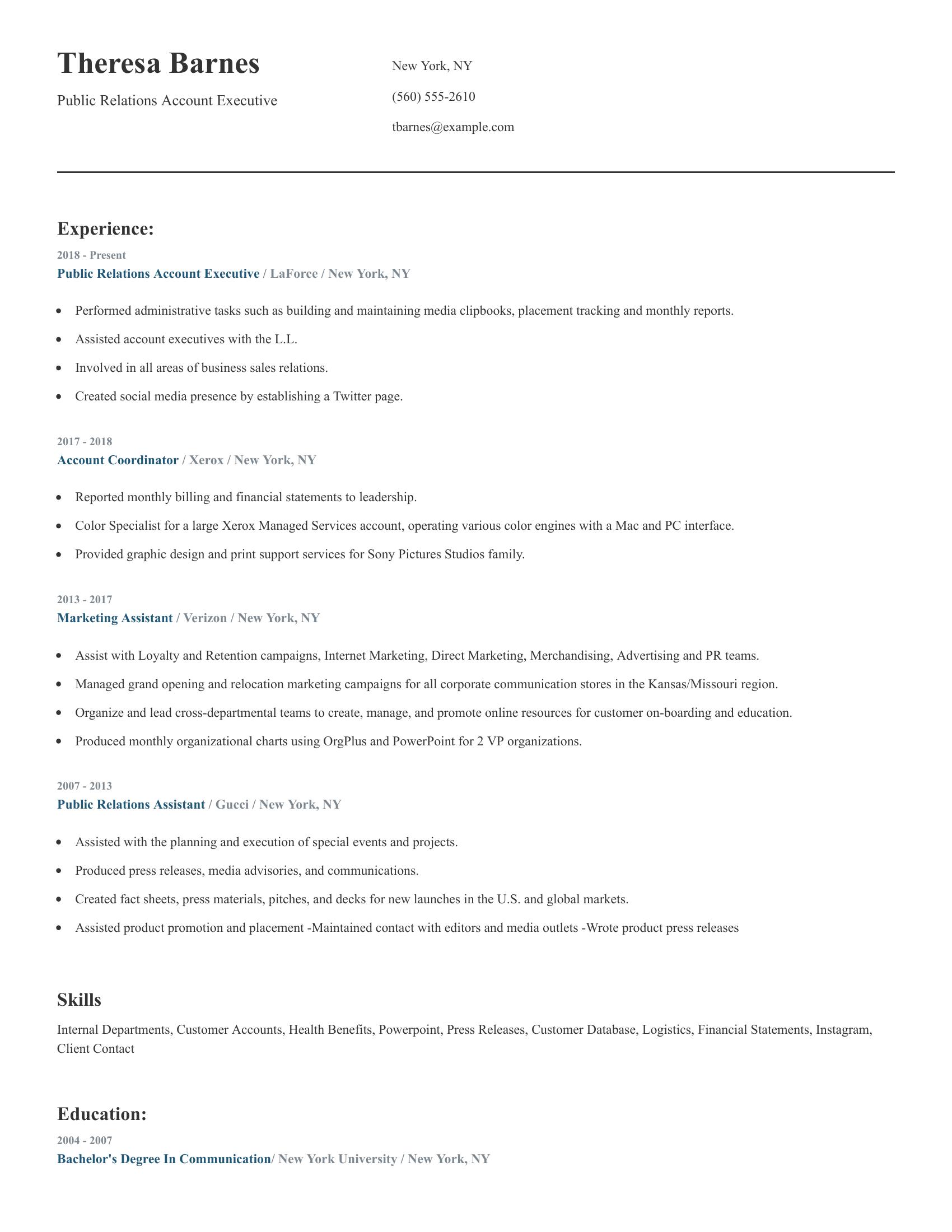 Public Relations Account Executive resume example