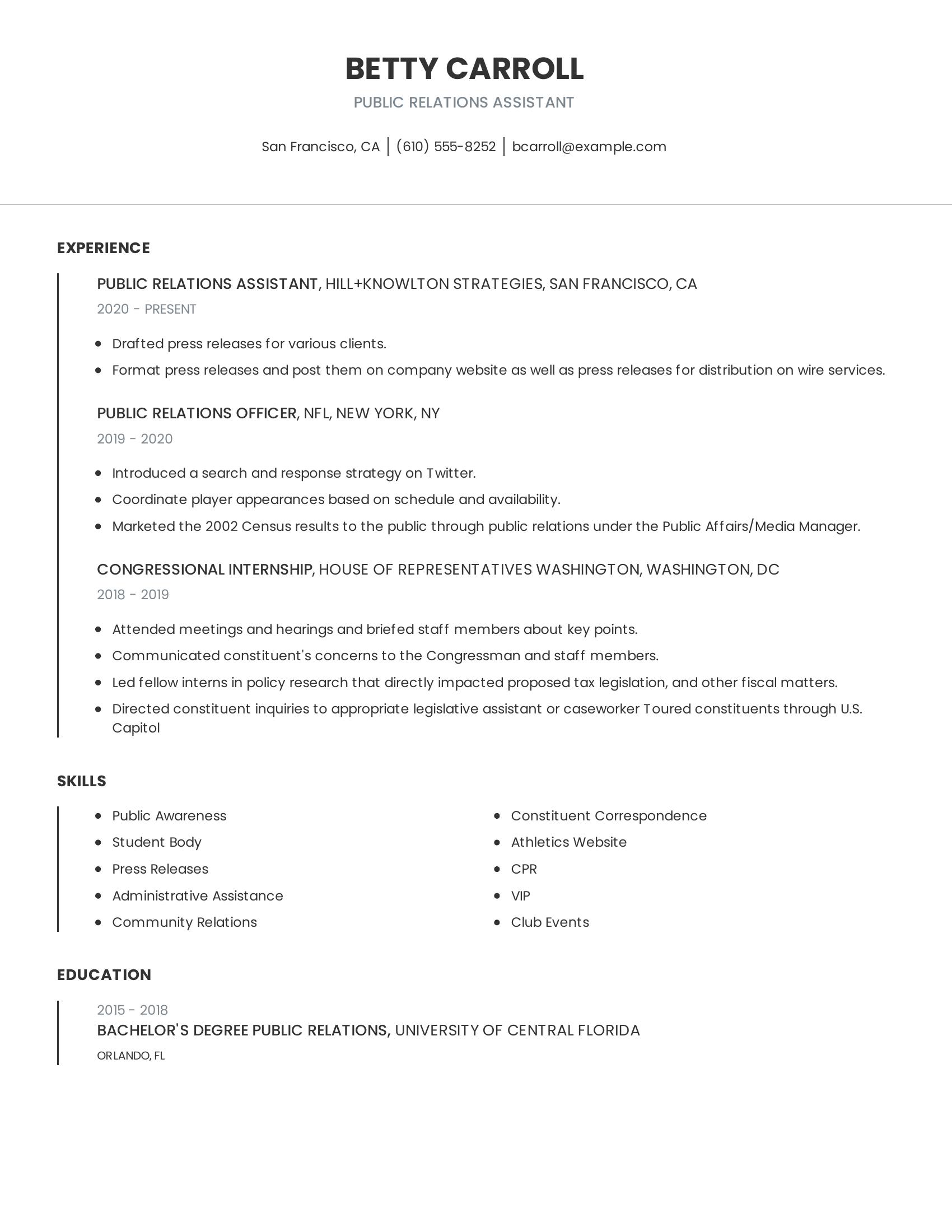 Public Relations Assistant resume example