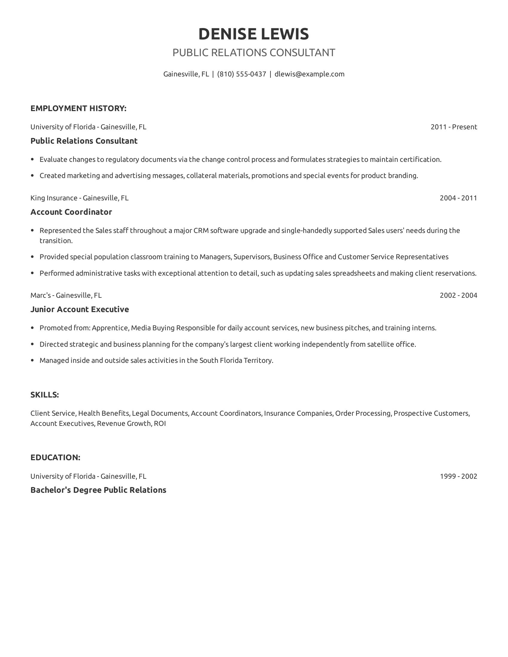 Public Relations Consultant resume example