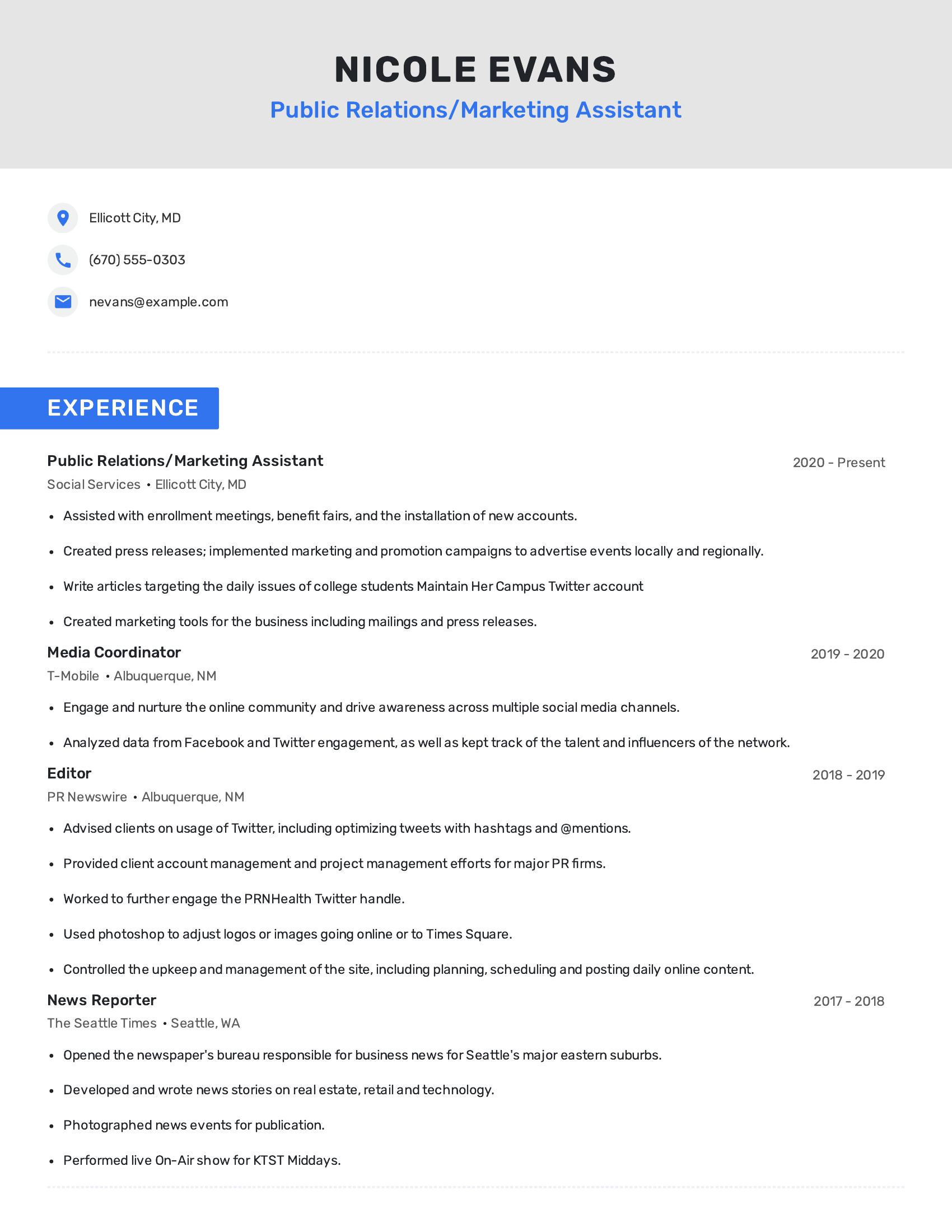Public Relations/Marketing Assistant resume example