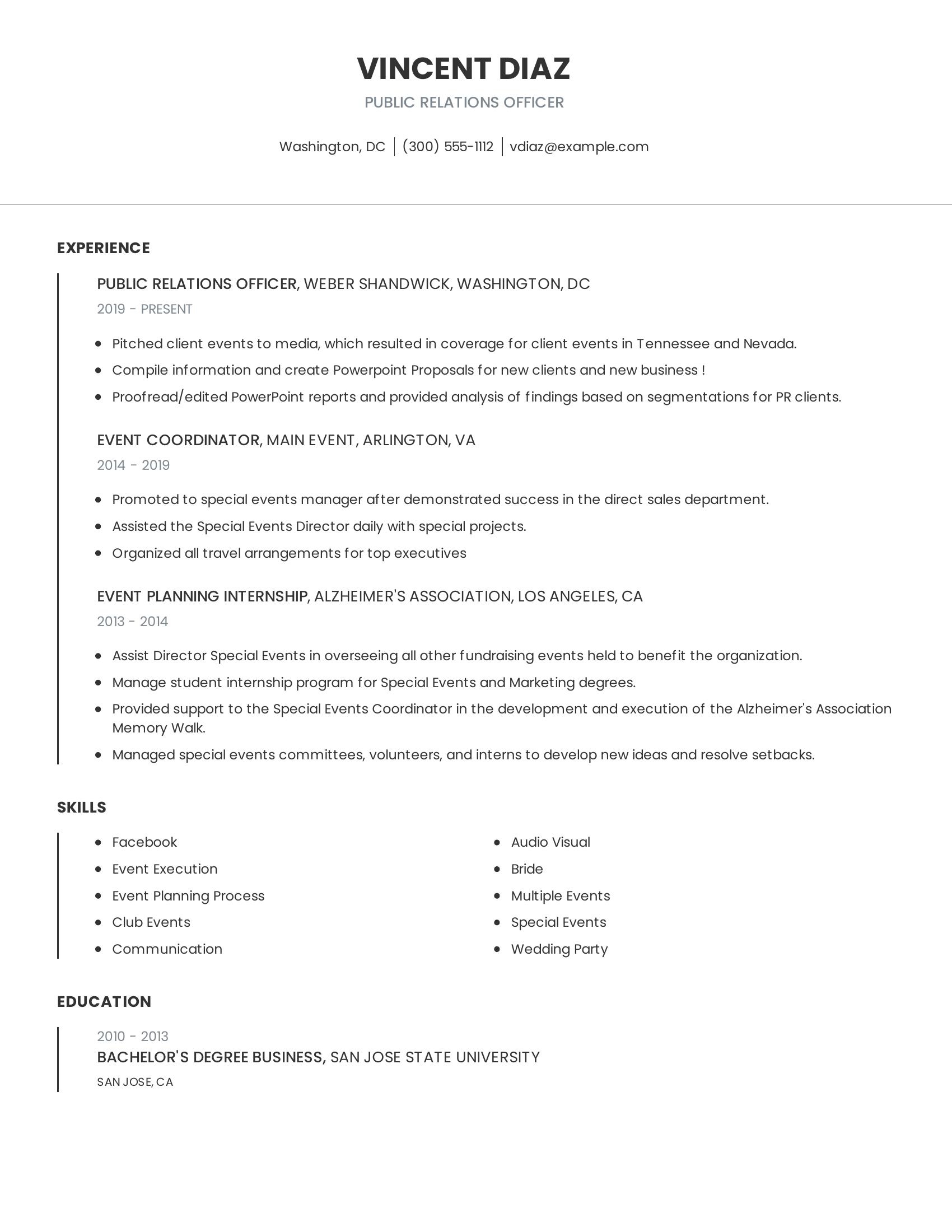 Public Relations Officer resume example