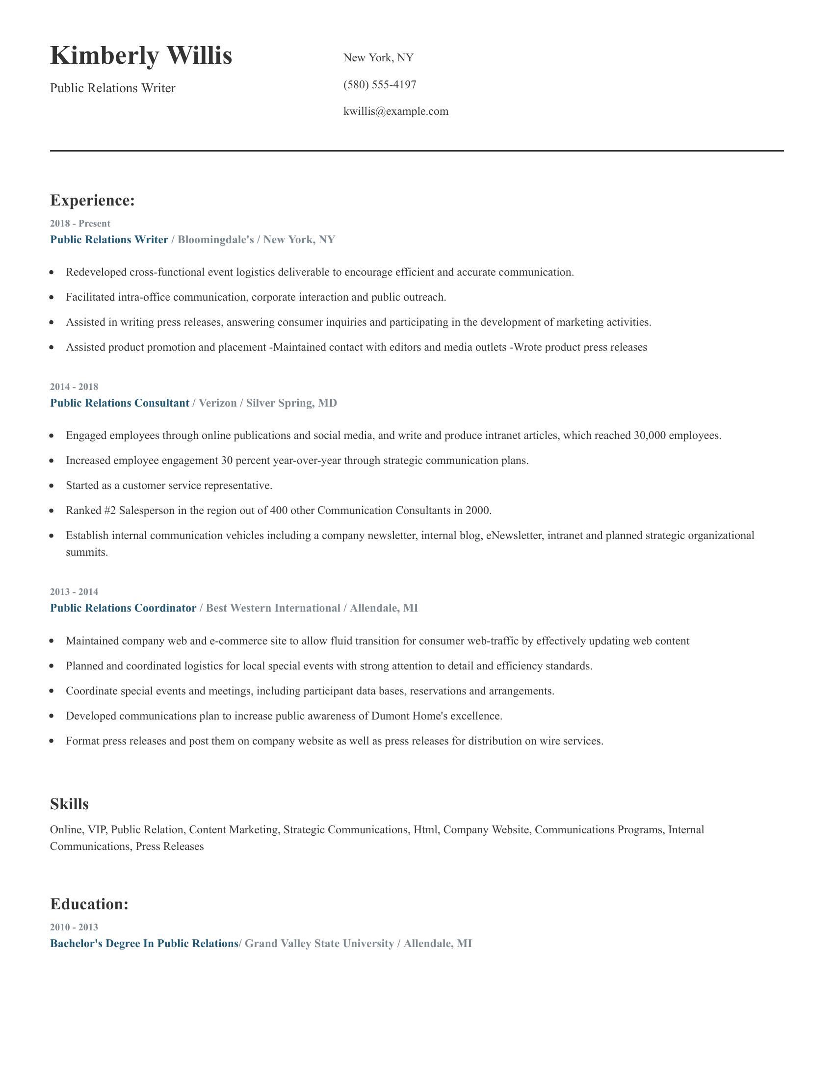 Public Relations Writer resume example