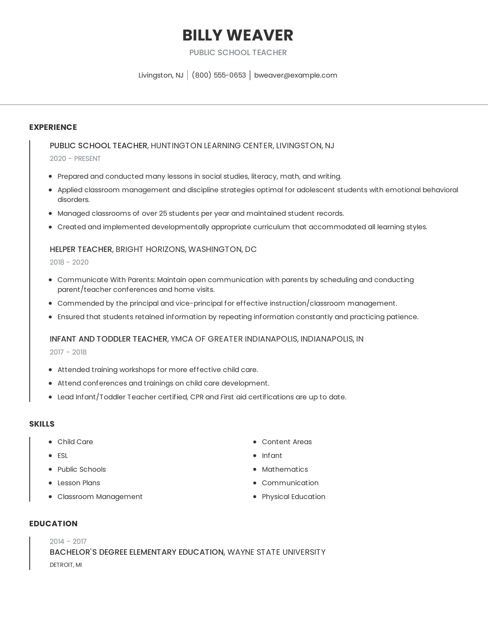 Public School Teacher resume example