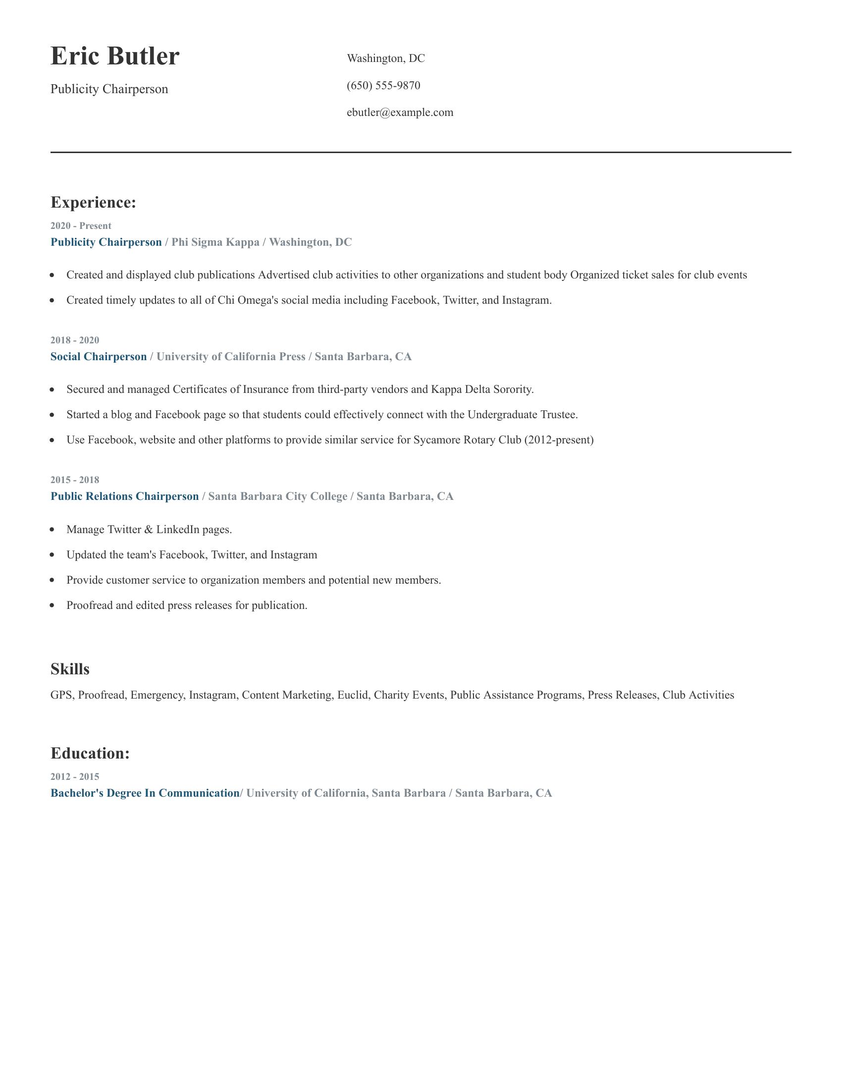 Publicity Chairperson resume example