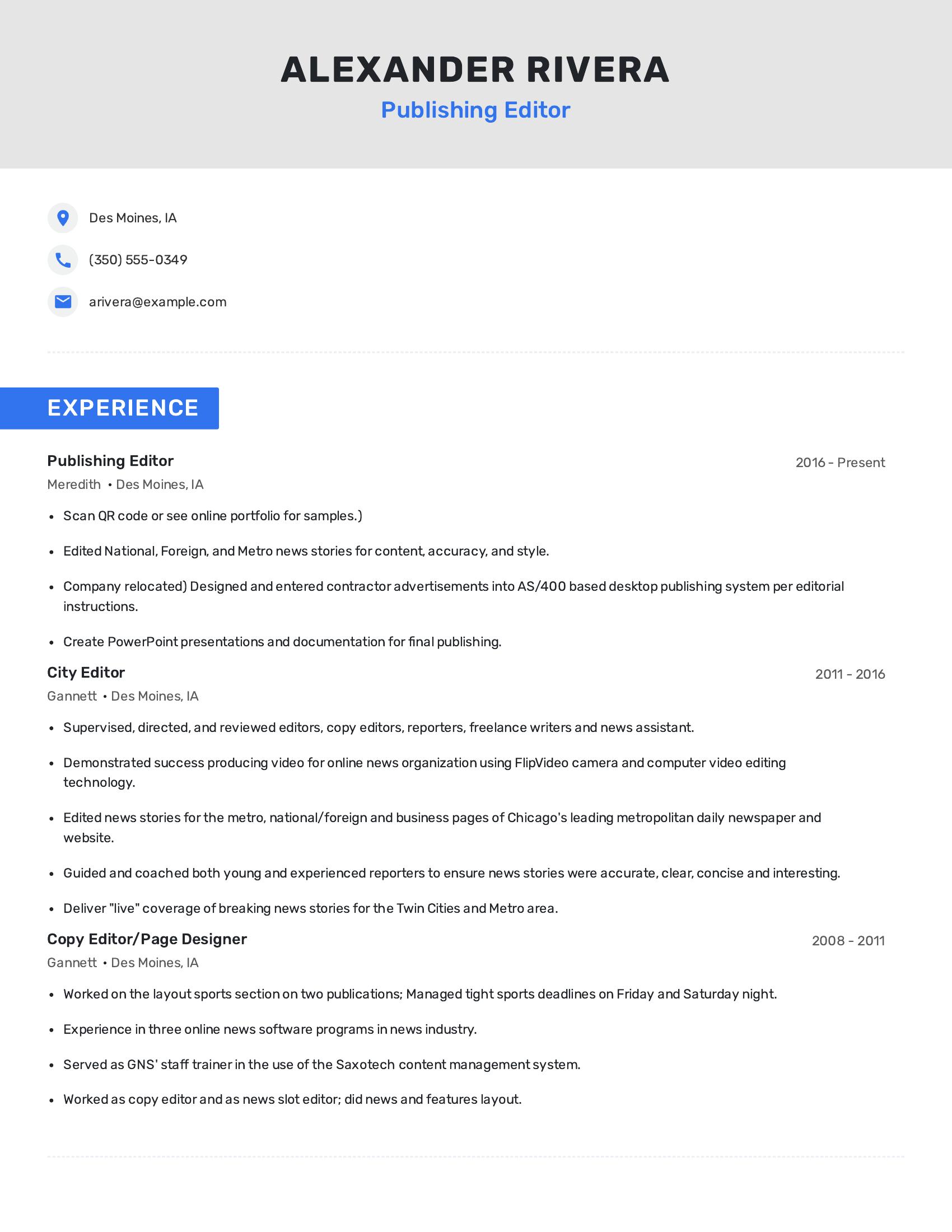 Publishing Editor resume example