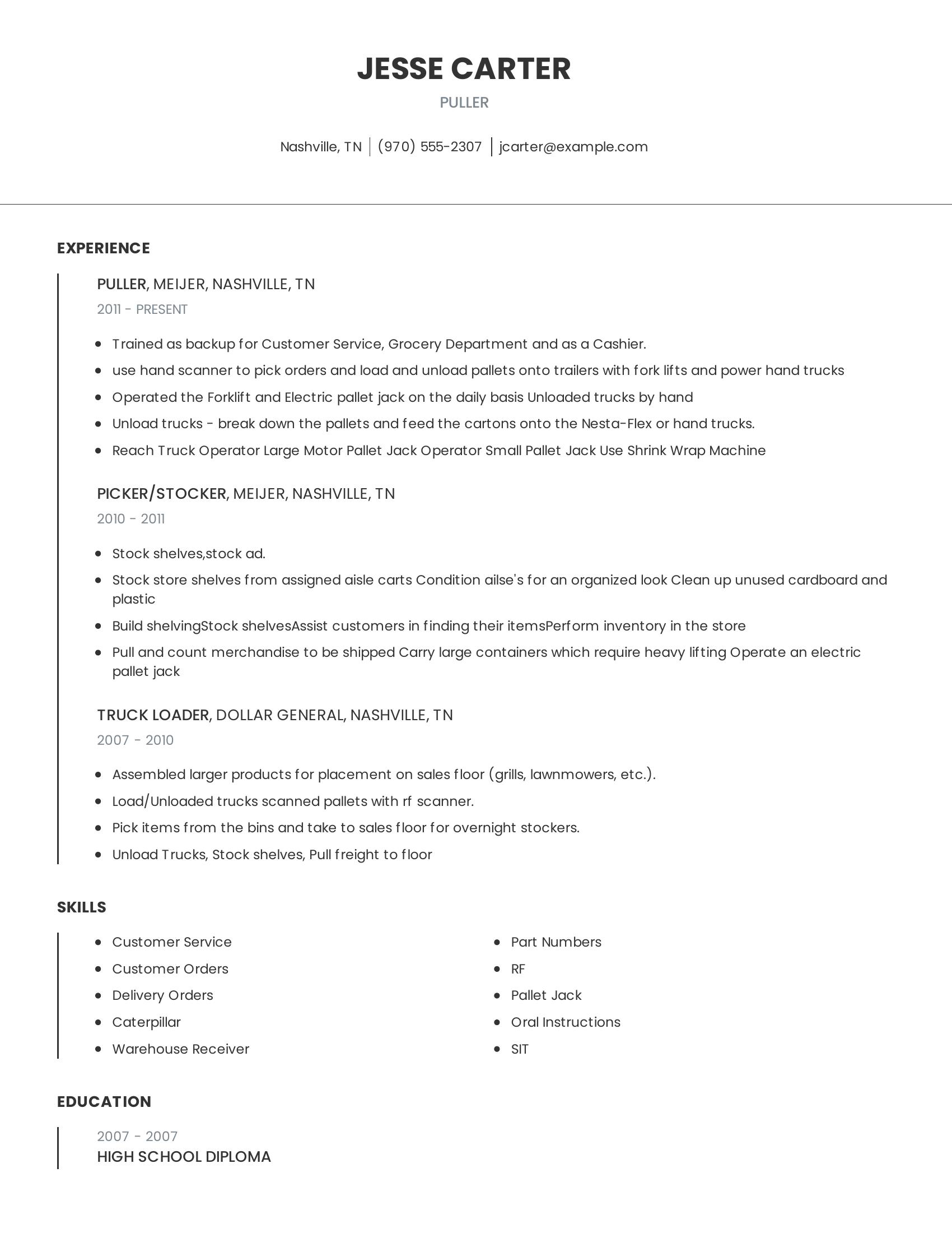 Puller resume example