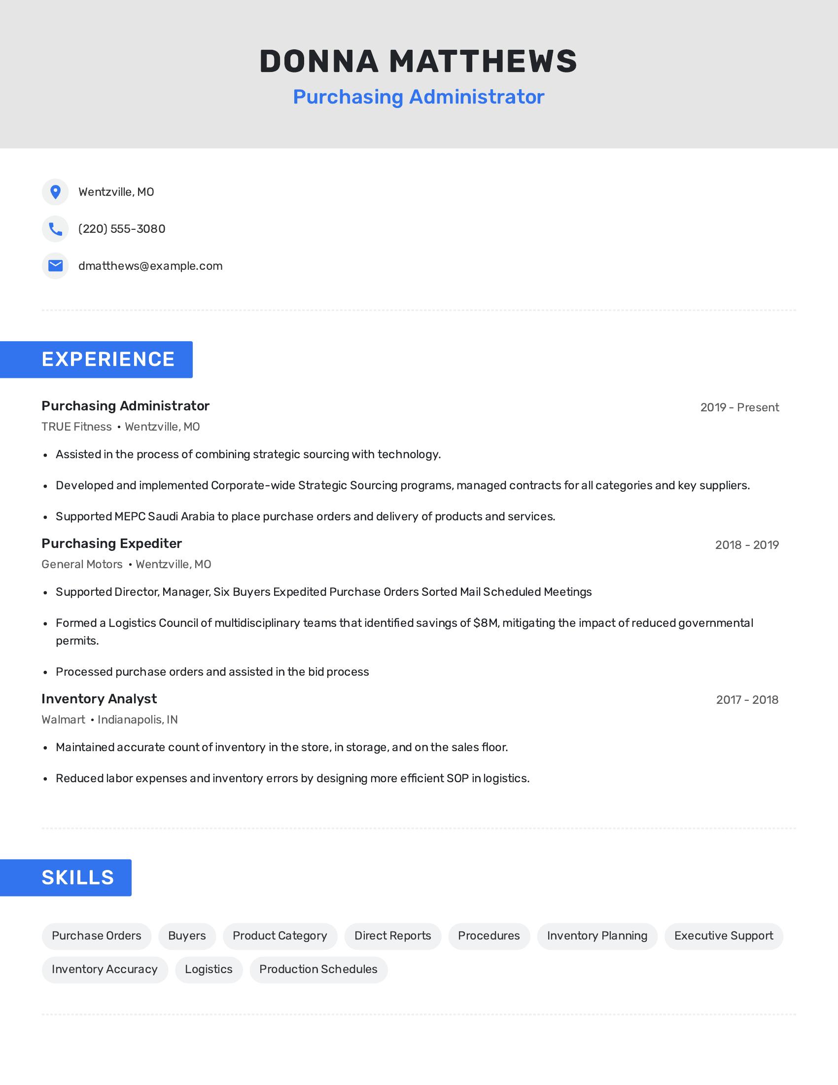 Purchasing Administrator resume example