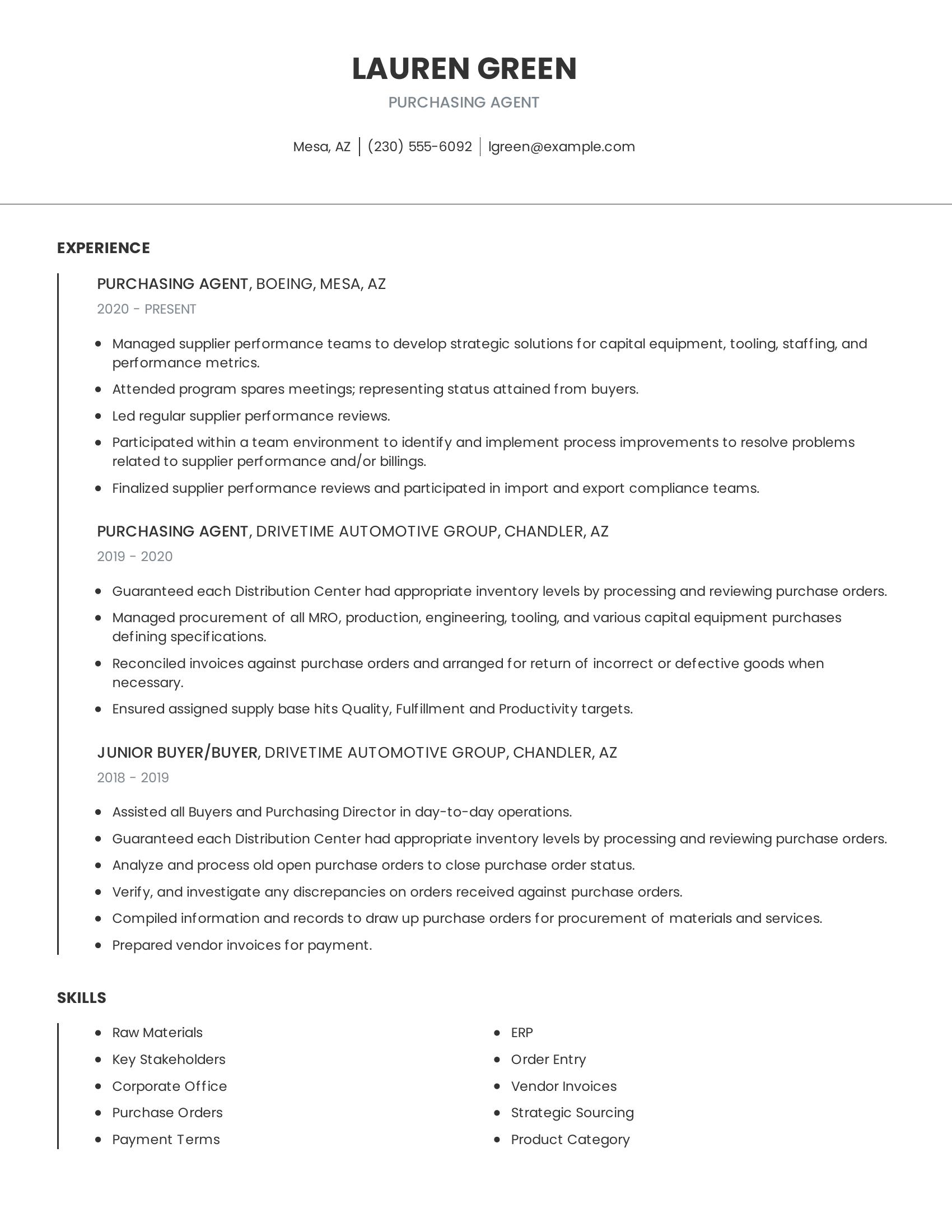 Purchasing Agent resume example