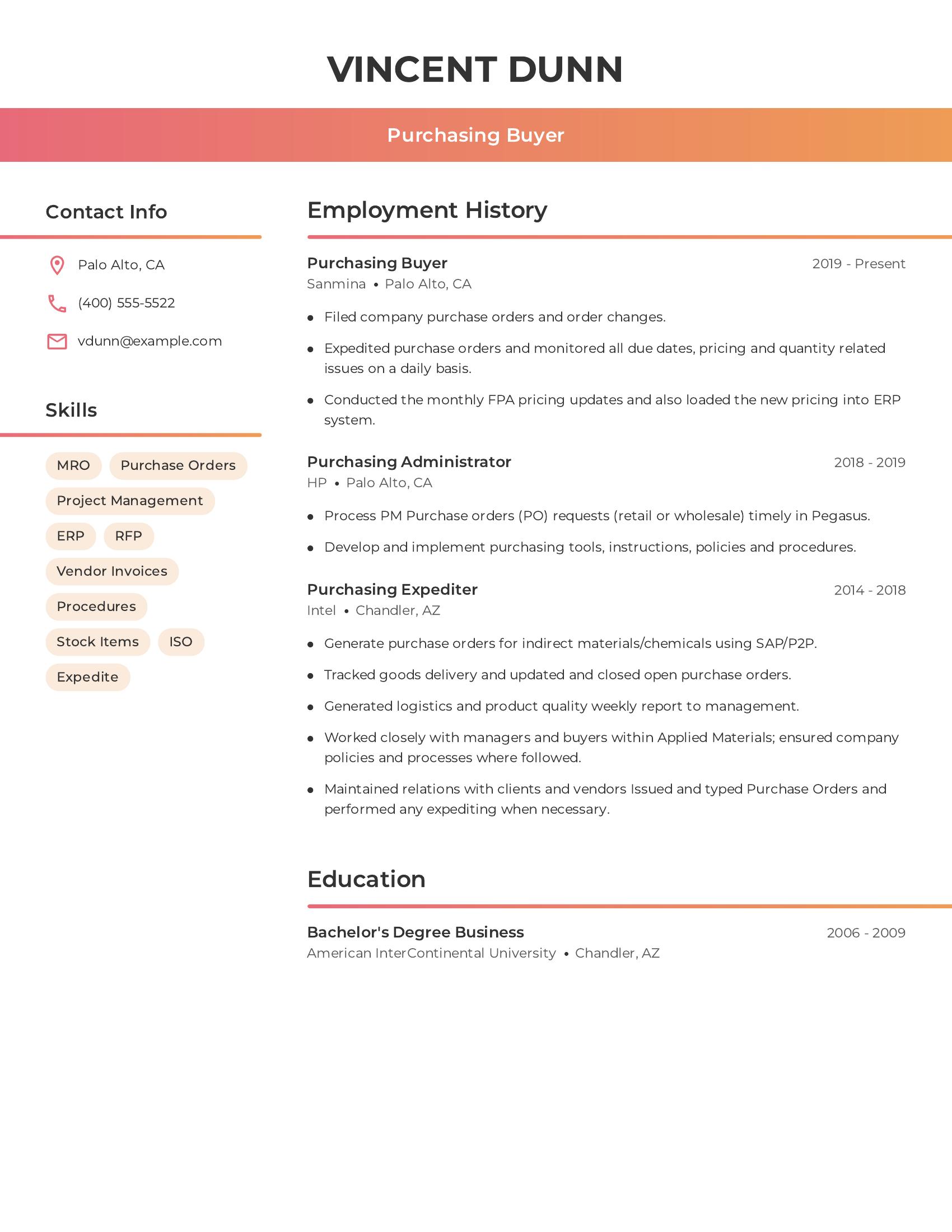 Purchasing Buyer resume example