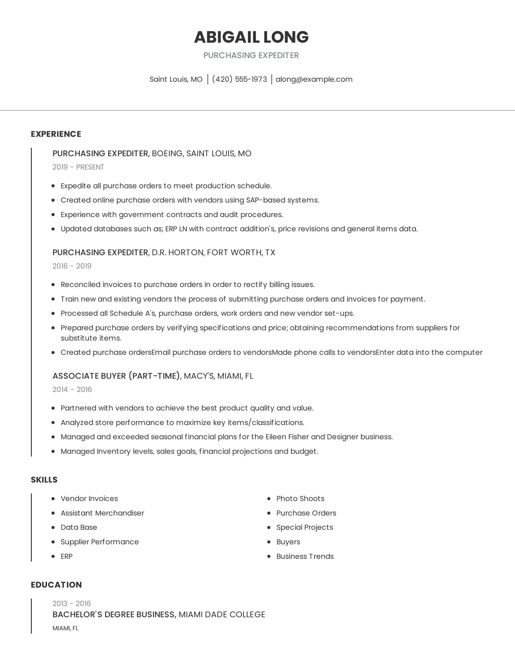 Purchasing Expediter resume example