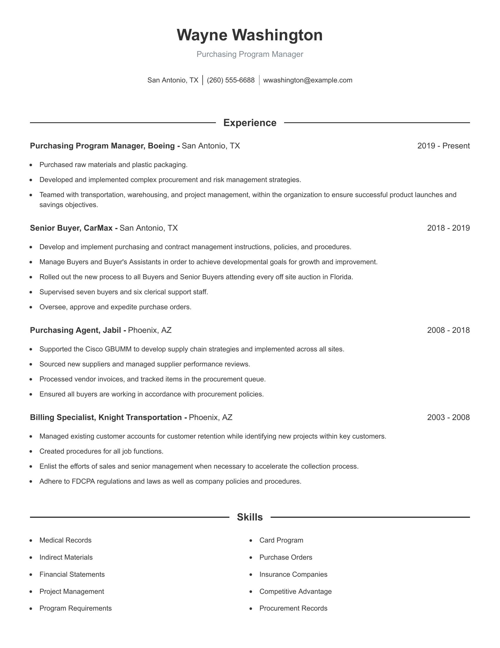 Purchasing Program Manager resume example