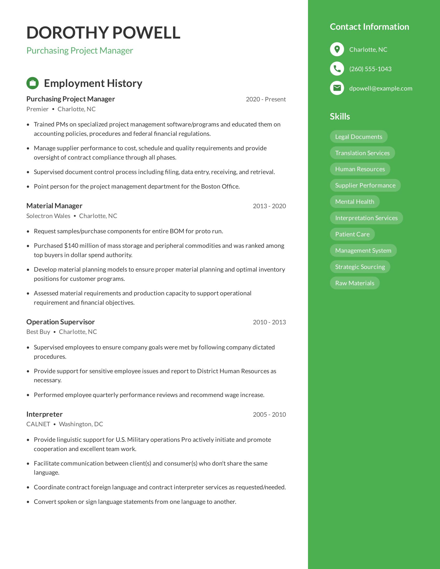 Purchasing Project Manager resume example