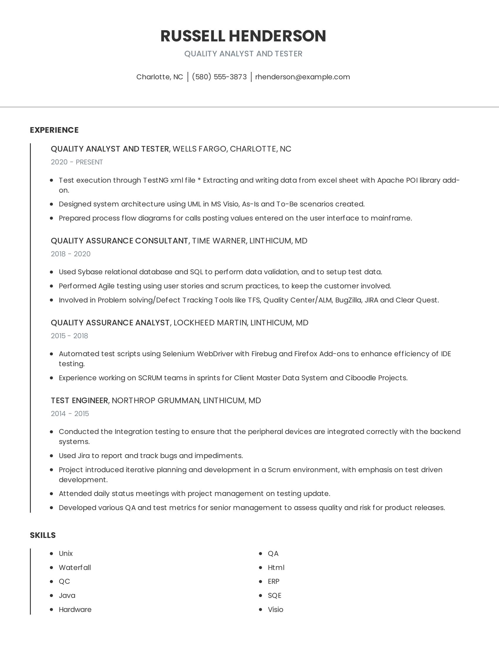 Quality Analyst And Tester resume example