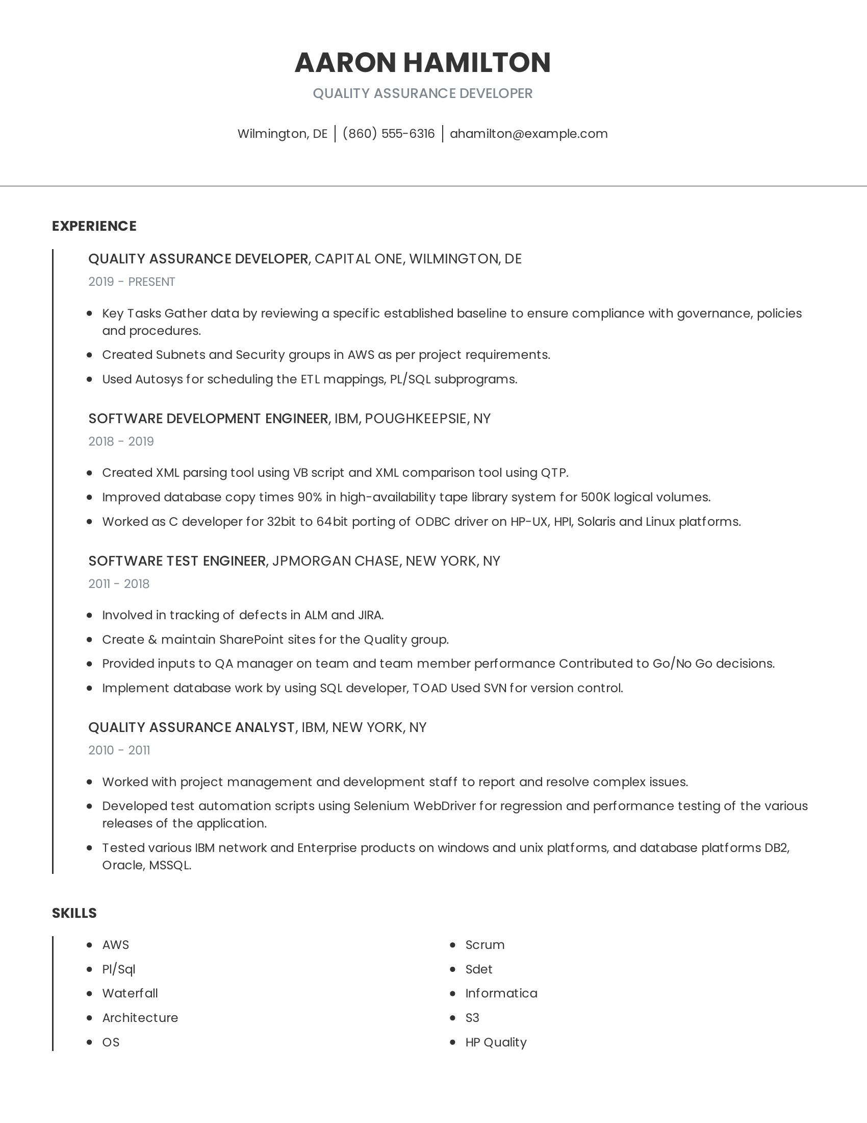 Quality Assurance Developer resume example