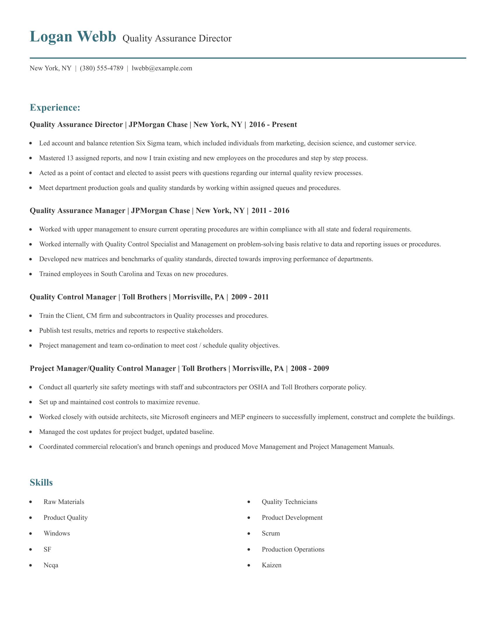 Quality Assurance Director resume example