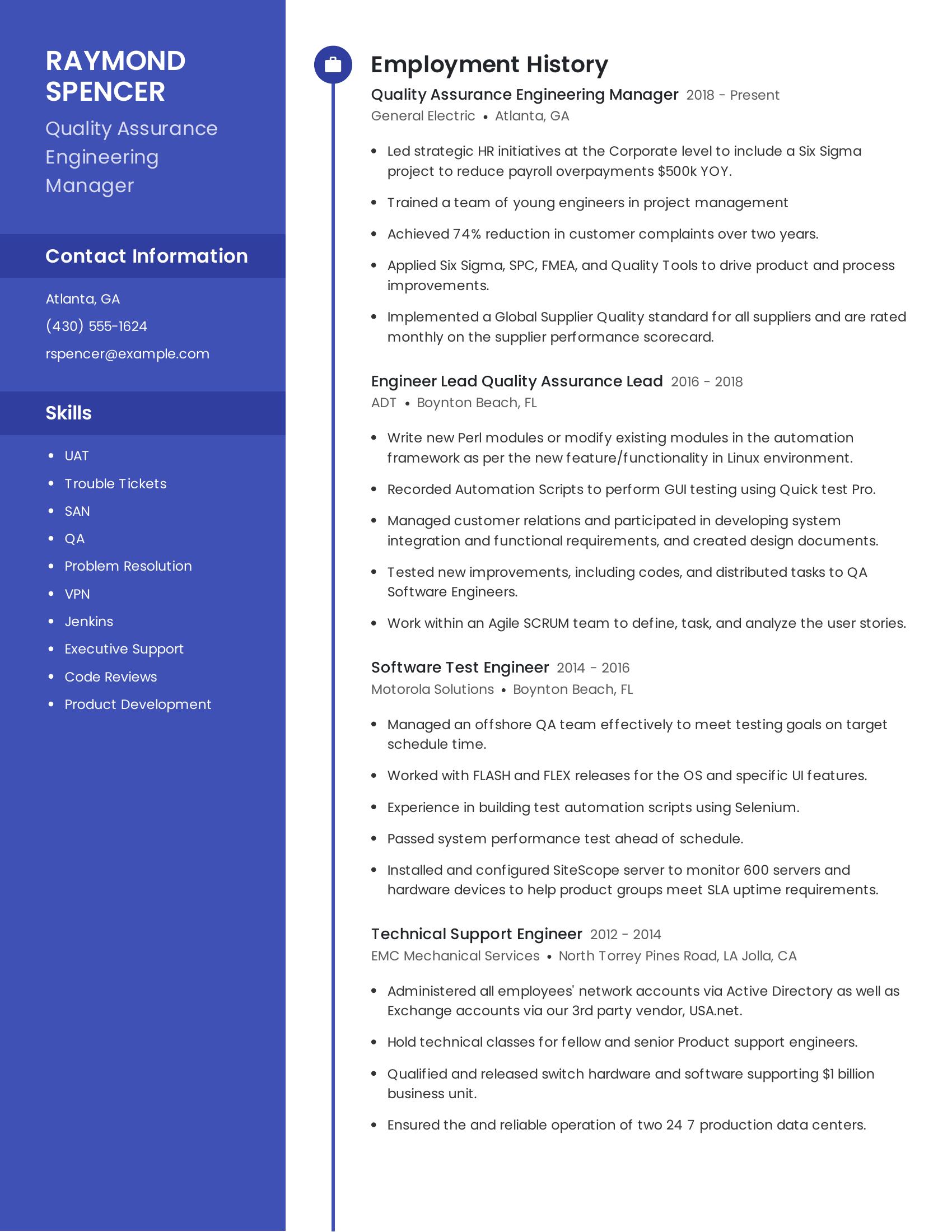 Quality Assurance Engineering Manager resume example