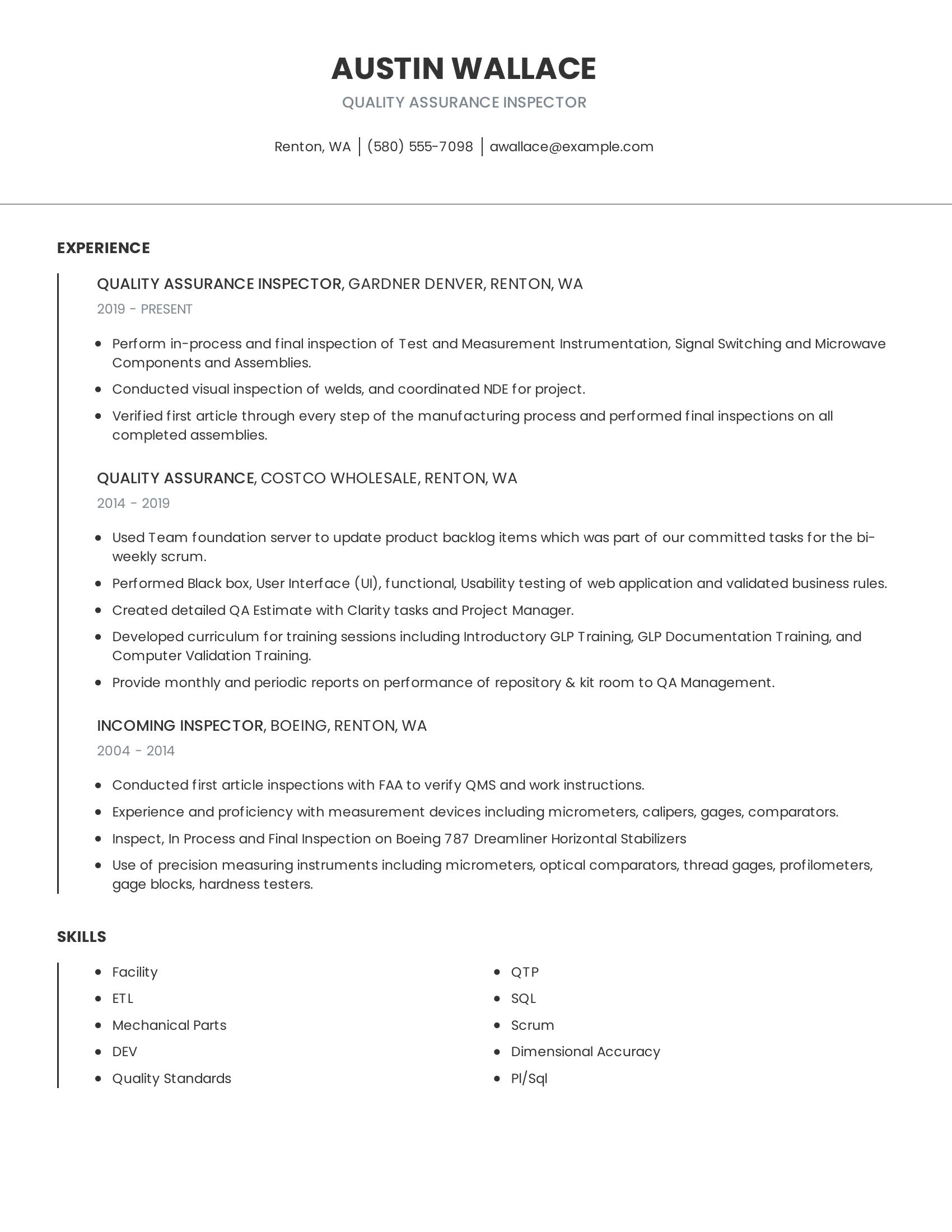 Quality Assurance Inspector resume example