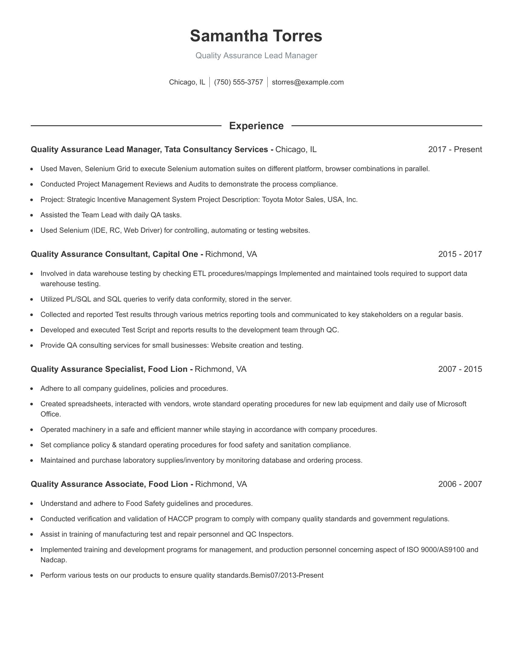 Quality Assurance Lead Manager resume example