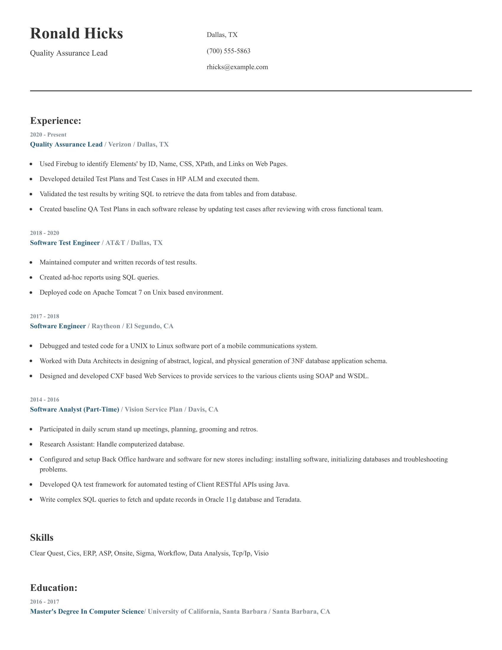 Quality Assurance Lead resume example