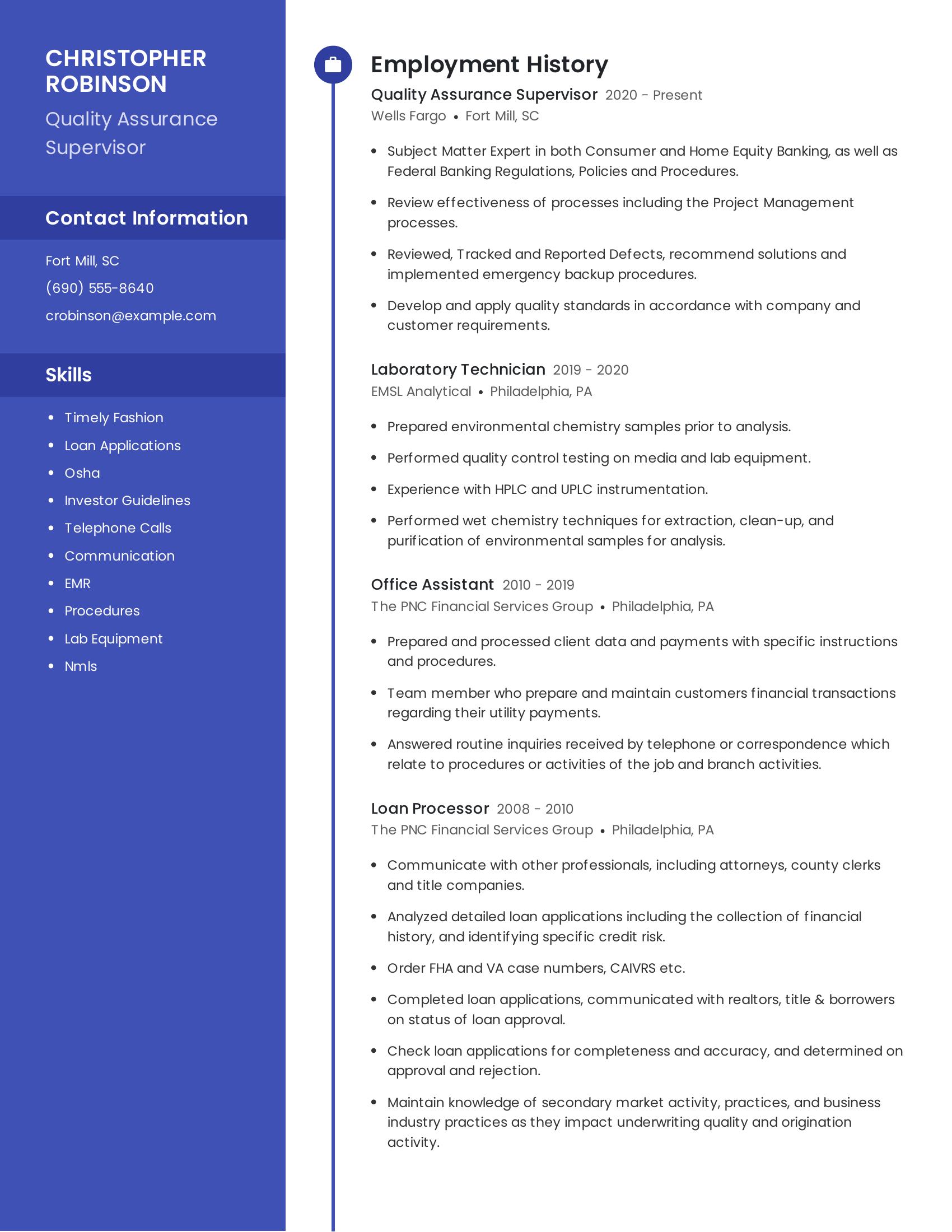 Quality Assurance Supervisor resume example