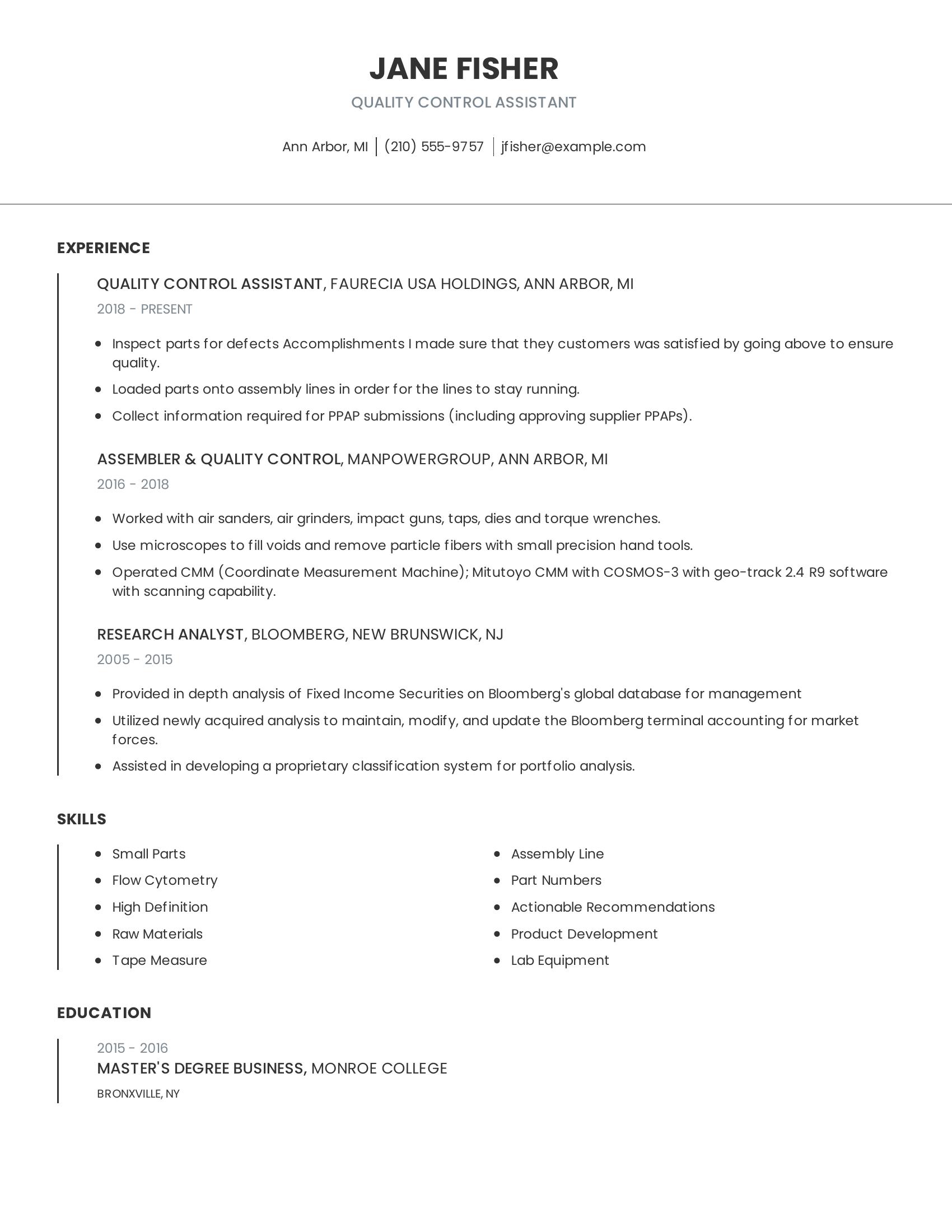 Quality Control Assistant resume example